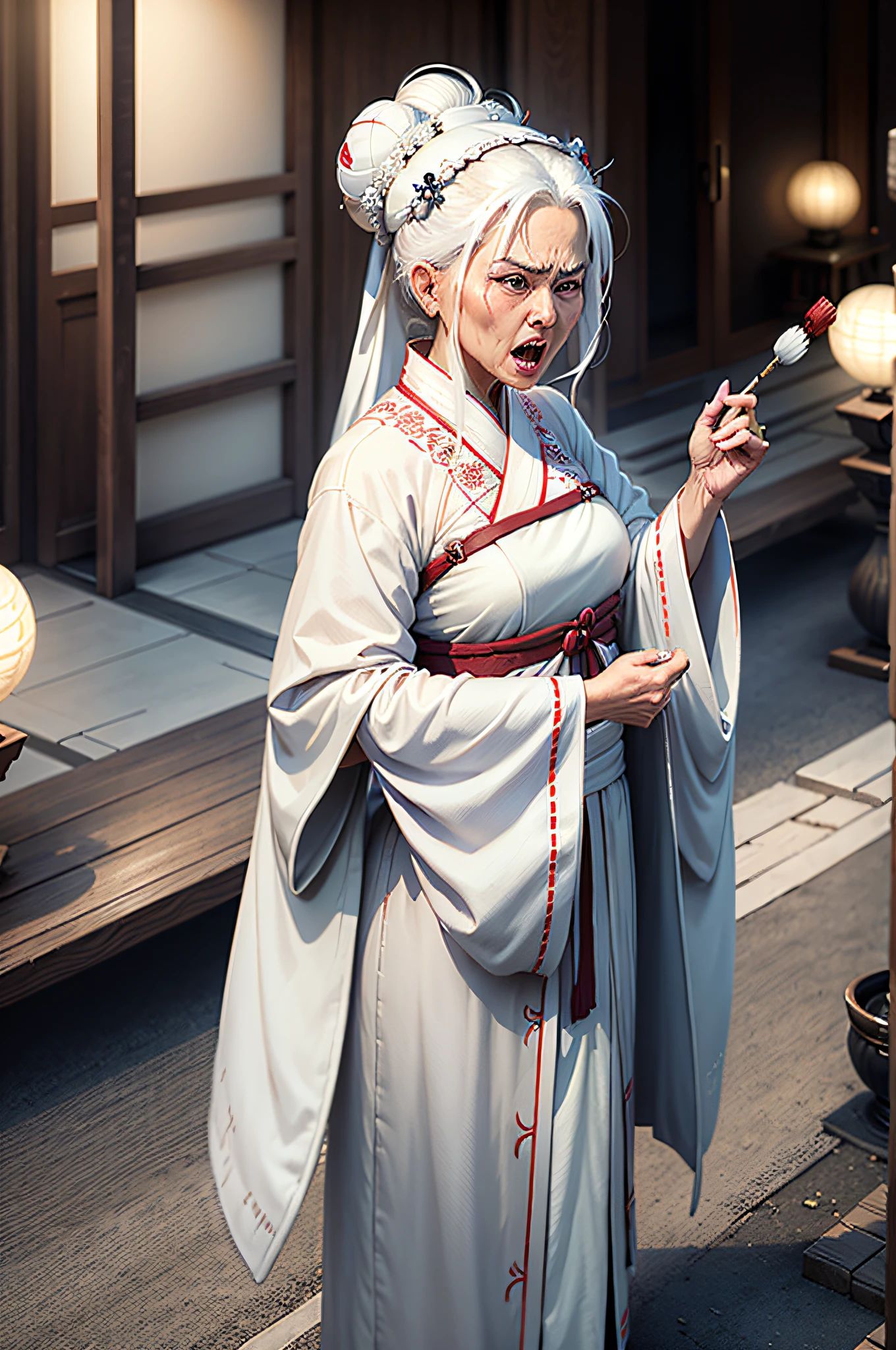 Grandmother with a bun on her head, white hair, Hanfu robe Yupei Luxurious, proud, angry and shouting