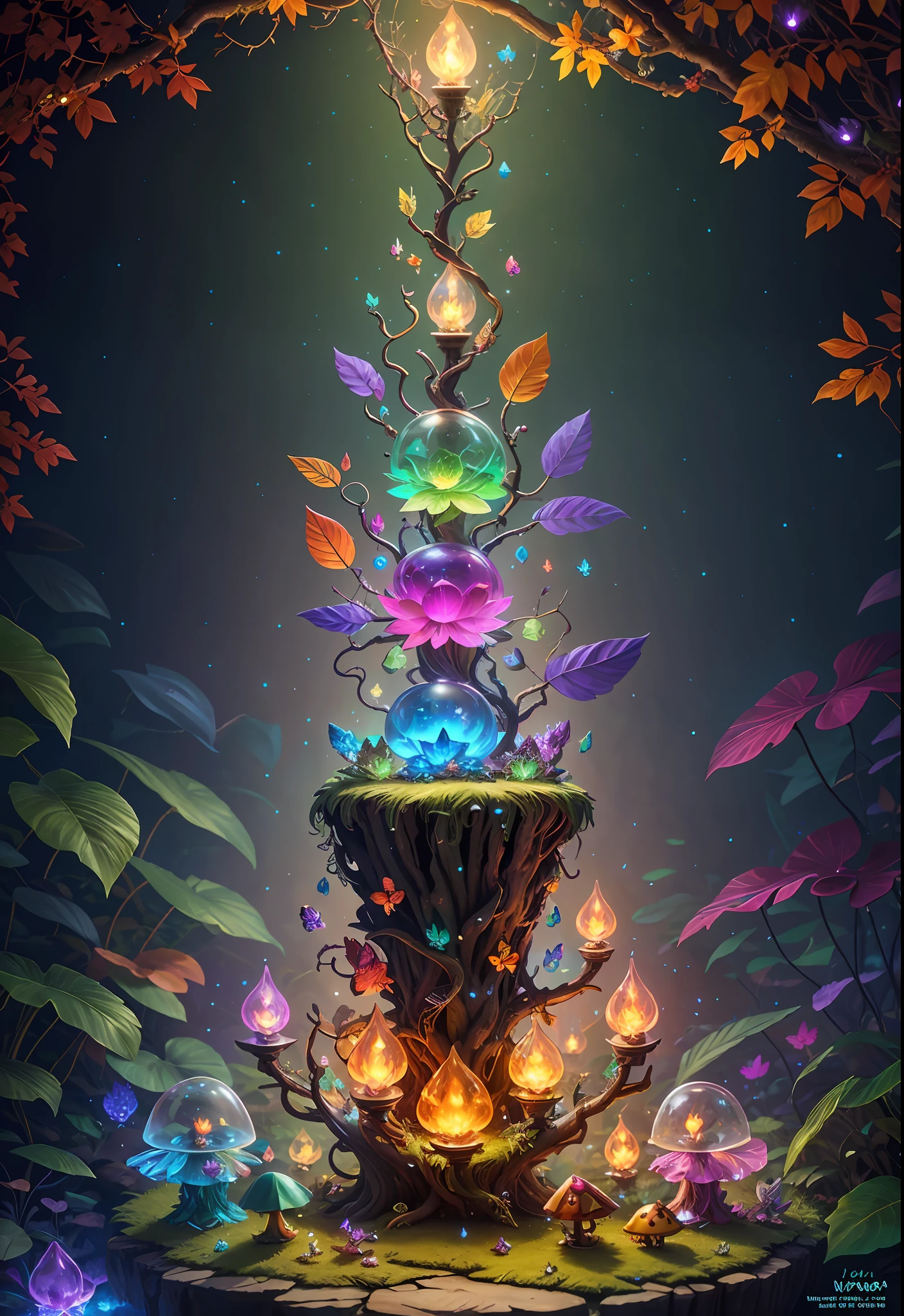 Fantasy in crystals, "ethereal roses, cute slime animals, glowing little mushrooms surrounded by delicate leaves and branches, and fireflies and glowing particle effects", (natural elements), (jungle theme), (leaves), (branches), (fireflies), butterflies, (delicate leaves), (glow), (particle effects), super realistic, super detailed, dramatic lightning, 4k, masterpiece,