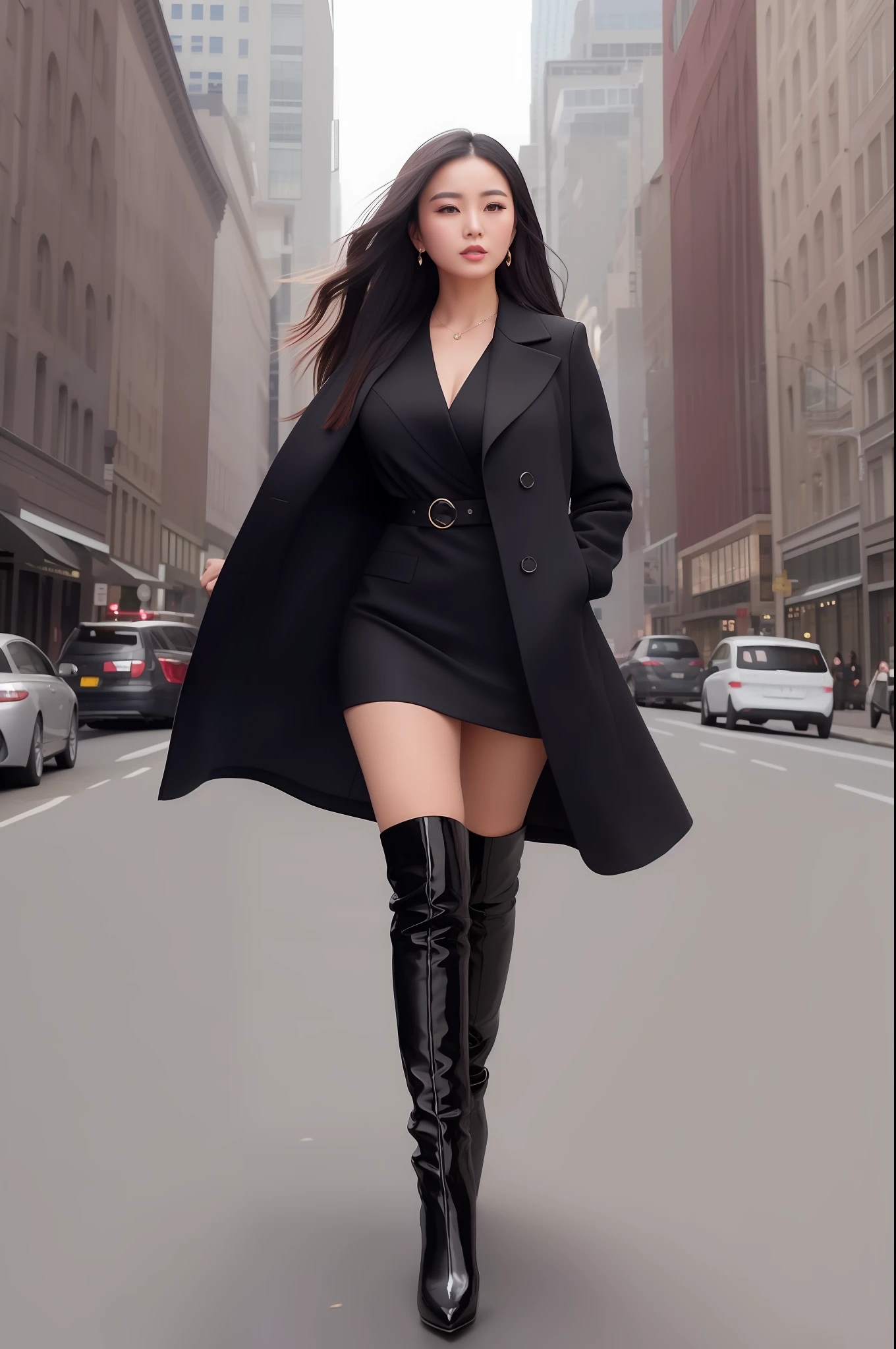 Asian woman in black dress and black coat walking on street, high-end fashion photo shoot, fashion shot 8K, on city street, standing on city street, in the city, black patent leather over-the-knee heeled boots, delicate and beautiful face, masterpiece of art, perfect facial details, big eyes, perfect body proportions, long legs posing on city street, lady in black coat and pantyhose, full body shoot, 4K fashion shoot