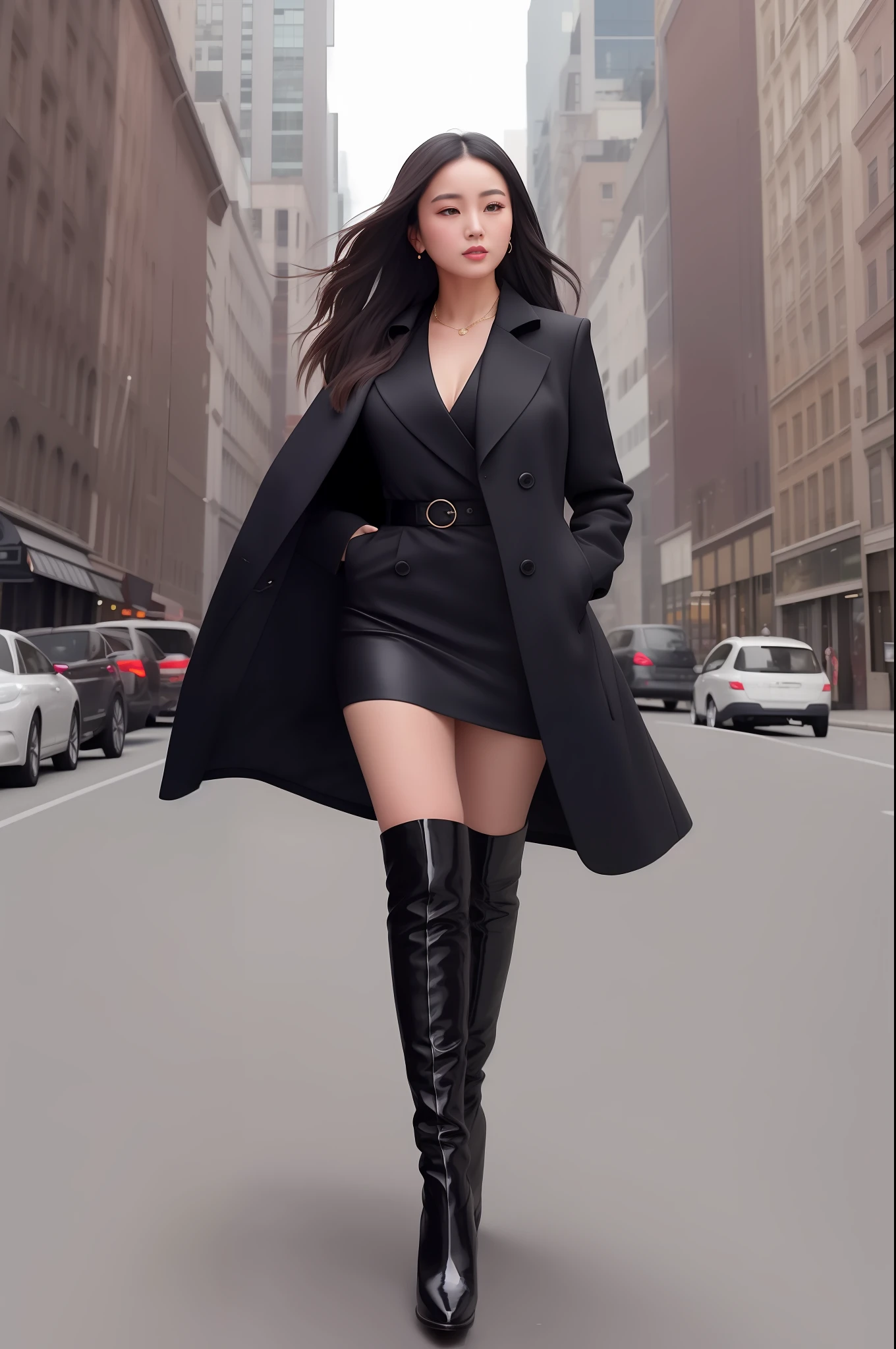 Asian woman in black dress and black coat walking on street, high-end fashion photo shoot, fashion shot 8K, on city street, standing on city street, in the city, black patent leather over-the-knee heeled boots, delicate and beautiful face, masterpiece of art, perfect facial details, big eyes, perfect body proportions, long legs posing on city street, lady in black coat and pantyhose, full body shoot, 4K fashion shoot