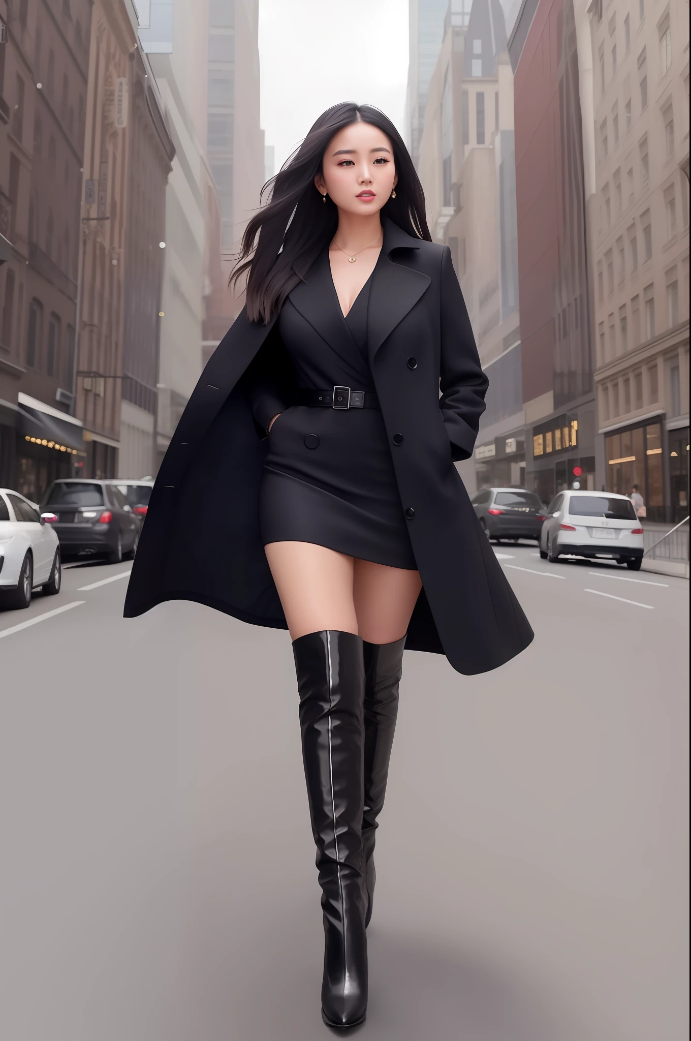 Asian woman in black dress and black coat walking on street, high-end fashion photo shoot, fashion shot 8K, on city street, standing on city street, in the city, black patent leather over-the-knee heeled boots, delicate and beautiful face, masterpiece of art, perfect facial details, big eyes, perfect body proportions, long legs posing on city street, lady in black coat and pantyhose, full body shoot, 4K fashion shoot