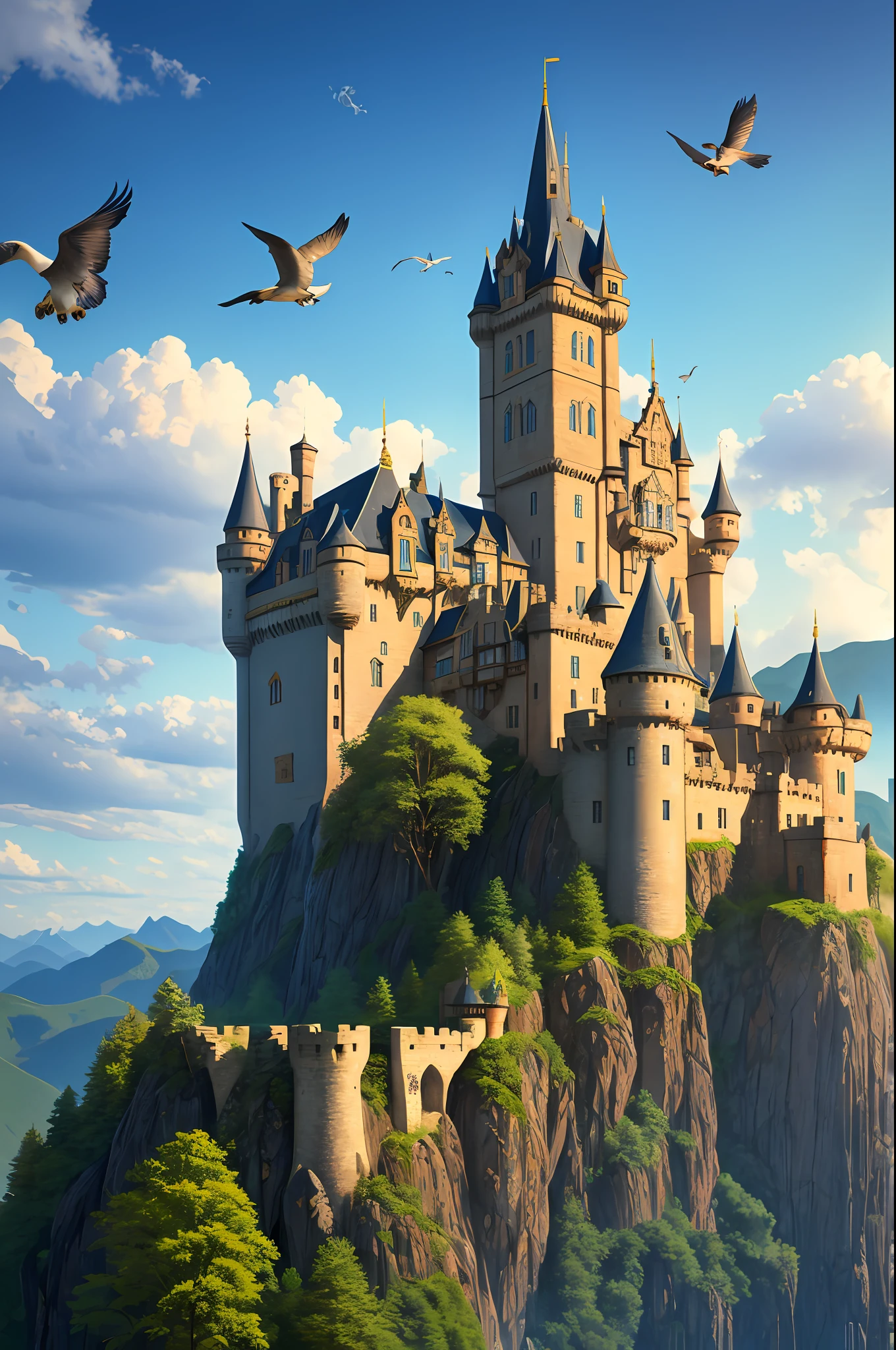 A forbidden castle high in the mountains, pixel art, (intricate details: 1.12), hdr, (intricate details, hyperdetailed: 1.15), (natural skin texture, hyper-realism, soft light, sharp: 1.2), nearby clouds, birds flying near the castle, surreal landscape