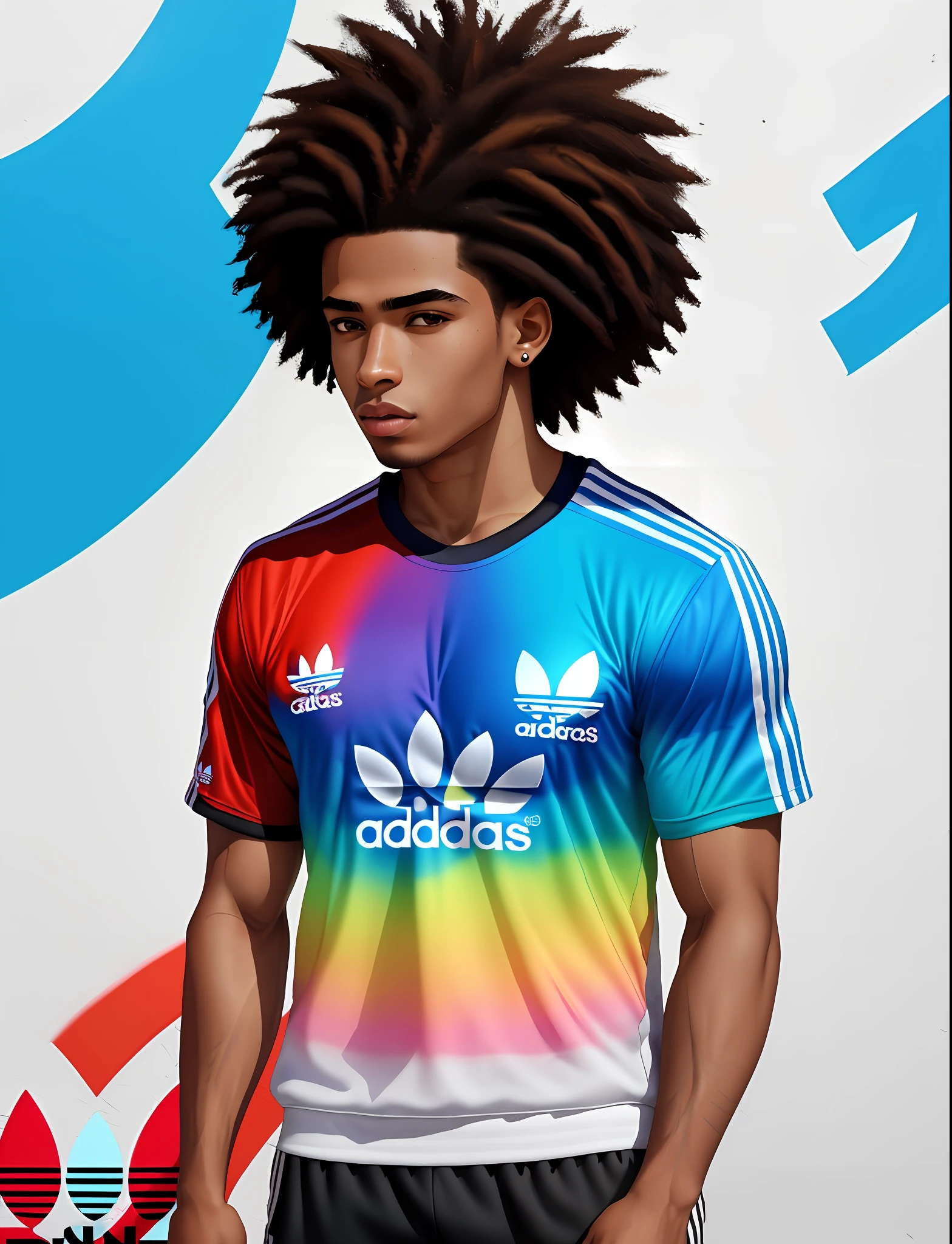 Graffiti painting, street art, 32k extremely detailed CG unit wallpaper, 32k landscape, artwork, masterpiece, best quality, amazing light brushstrokes, of a 20year old athlete boy ((Cross fit))Afro Brazilian with short black hair, Tennis ((ADIDAS))in graffiti style on a white wall with vibrant colors.
