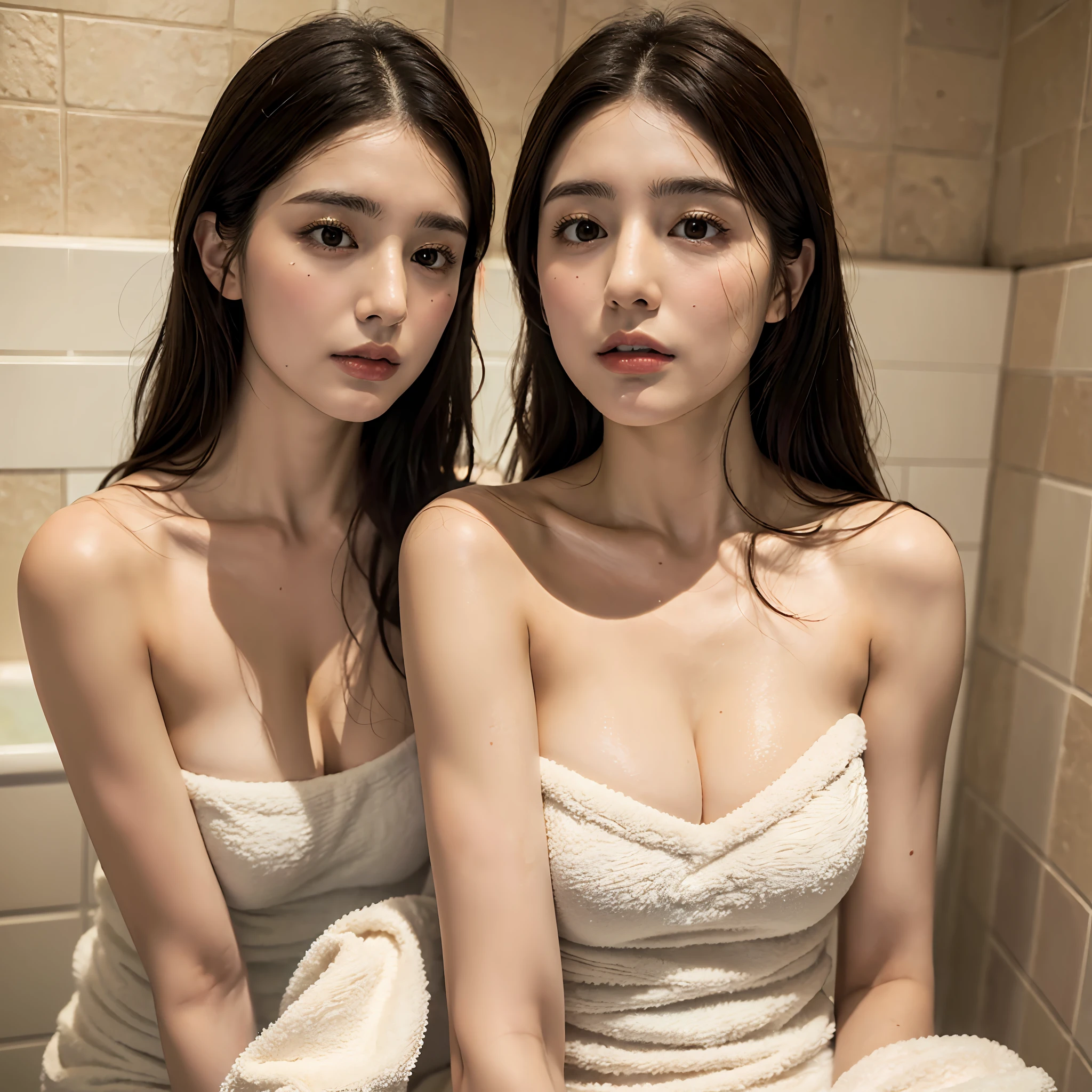Masterpiece, Excellent, Mature Beauty, Beauty, World Masterpiece Theater, Super Fine, Excellent, Excellent, Soft Brunet, High Resolution, Excellent, 1girl, Excellent, Bathroom Bath, Tight Flesh Color Bath Towels, Look at the Audience, Impasto, Realistic, Realist, Real