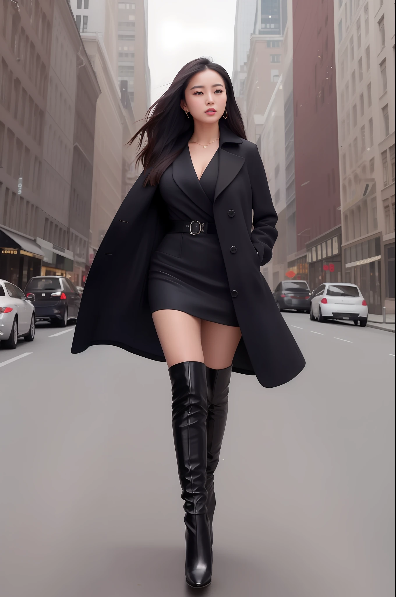 Asian woman in black dress and black coat walking on street, high-end fashion photo shoot, fashion shot 8K, on city street, standing on city street, in the city, black patent leather over-the-knee heeled boots, delicate and beautiful face, masterpiece of art, perfect facial details, big eyes, perfect body proportions, long legs posing on city street, lady in black coat and pantyhose, full body shoot, 4K fashion shoot