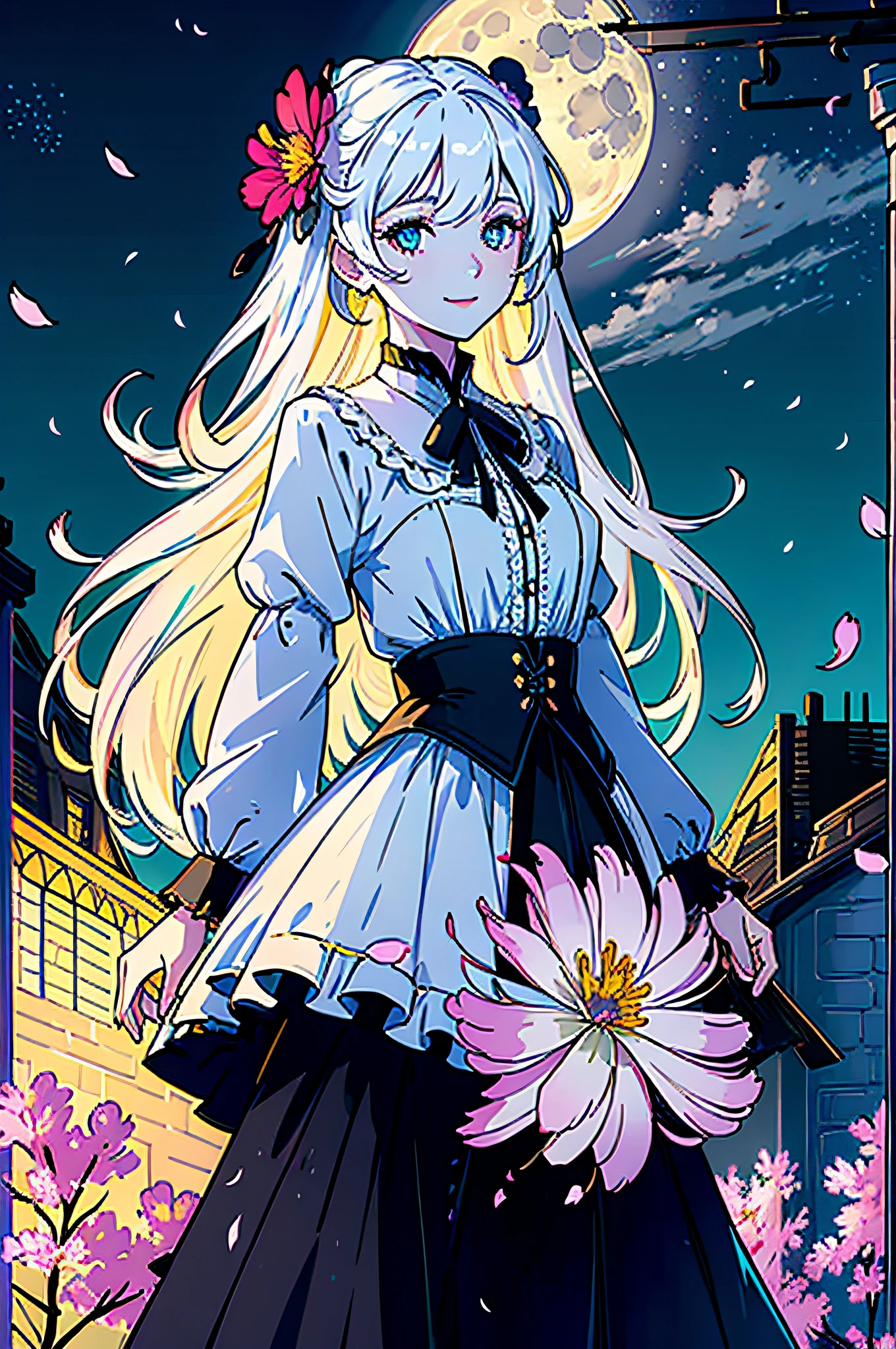 masterpiece, best quality, 1girl, (colorful),(finely detailed beautiful eyes and detailed face),cinematic lighting,bust shot,extremely detailed CG unity 8k wallpaper,white hair,solo,smile,intricate skirt,((flying petal)),(Flowery meadow) sky, cloudy_sky, building, moonlight, moon, night, (dark theme:1.3), light, fantasy,