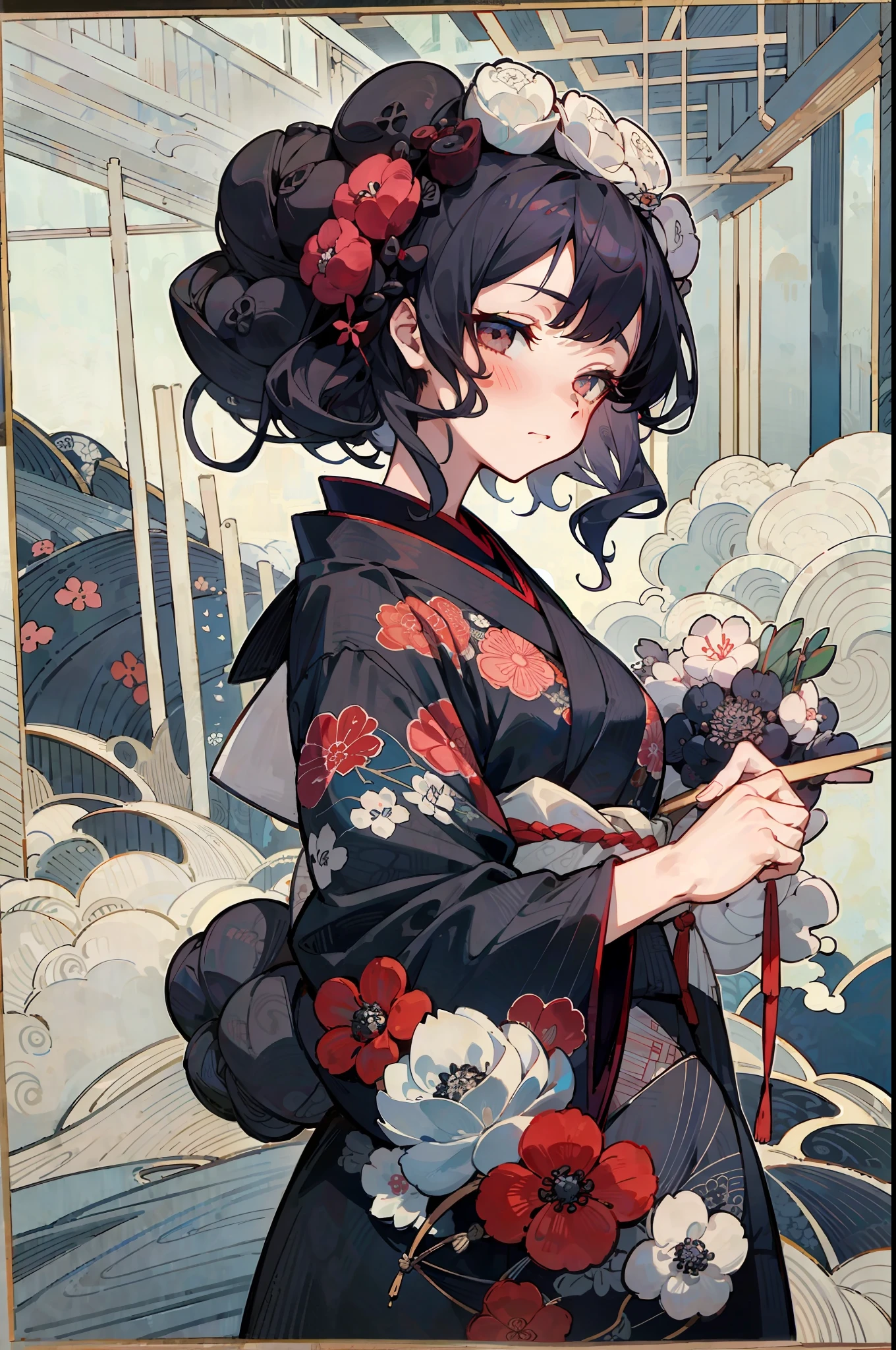 Top quality, woman giving bouquet of flowers, pastel, soft atmosphere, staring at us, Katsushika Hokusai