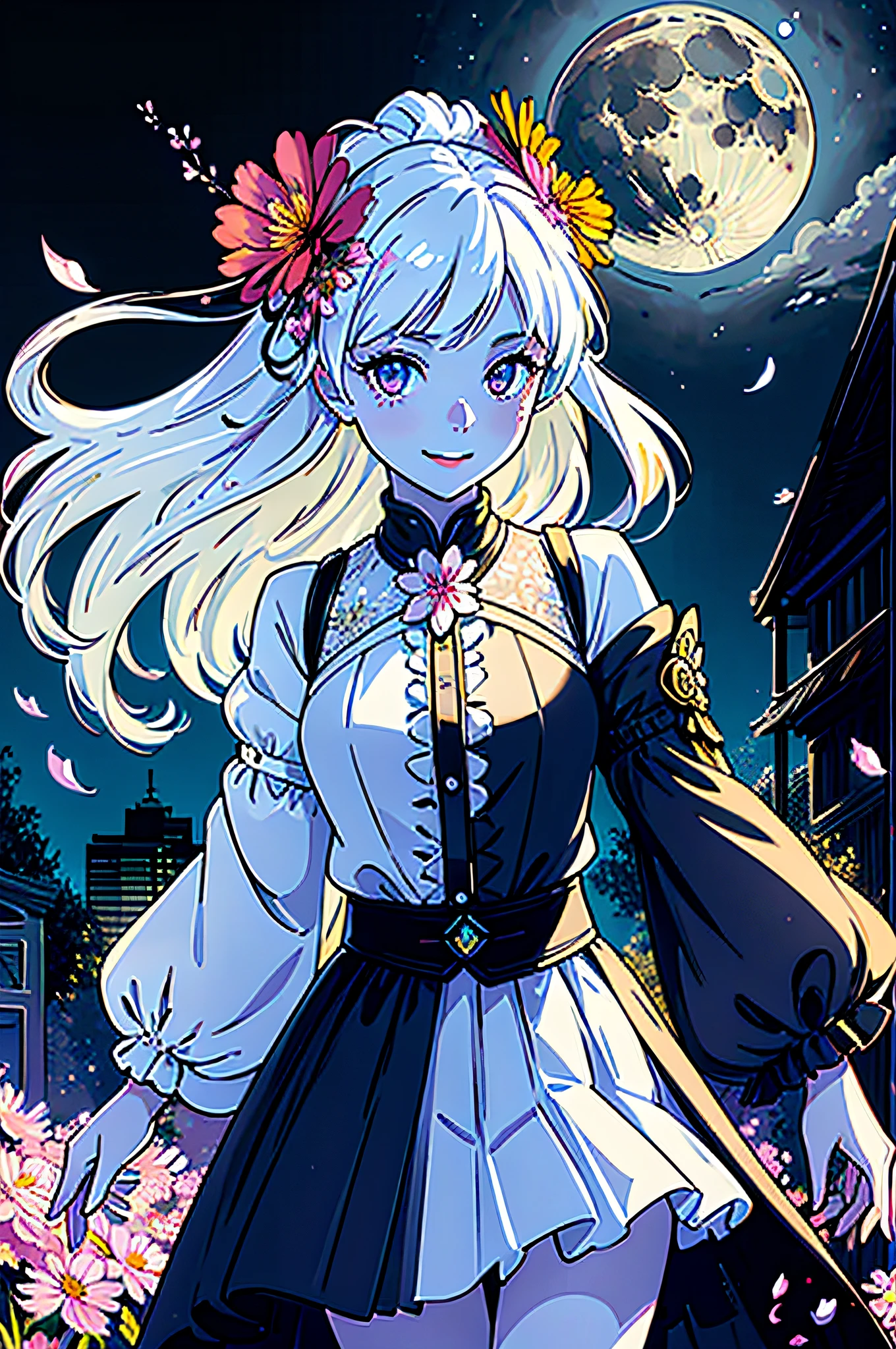 masterpiece, best quality, 1girl, (colorful),(finely detailed beautiful eyes and detailed face),cinematic lighting,bust shot,extremely detailed CG unity 8k wallpaper,white hair,solo,smile,intricate skirt,((flying petal)),(Flowery meadow) sky, cloudy_sky, building, moonlight, moon, night, (dark theme:1.3), light, fantasy,