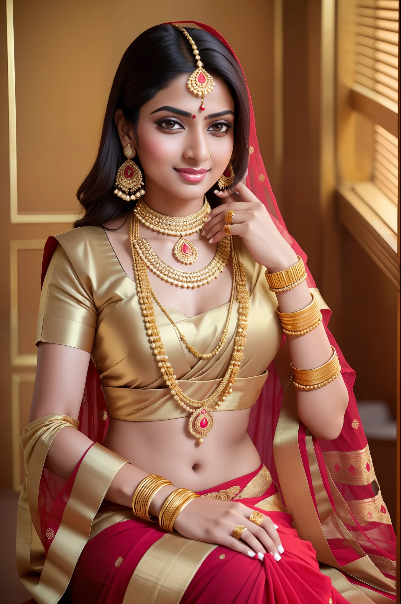 anusha in a gold sari and red blouse, wearing gold jewellery, traditional beauty, exclusive, very attractive and beautiful, with lovely look, photo taken with sony a7r, photo taken with sony a7r camera, wearing gold chain, with a seductive smile, shiny gold, taken with canon eos 5 d mark iv