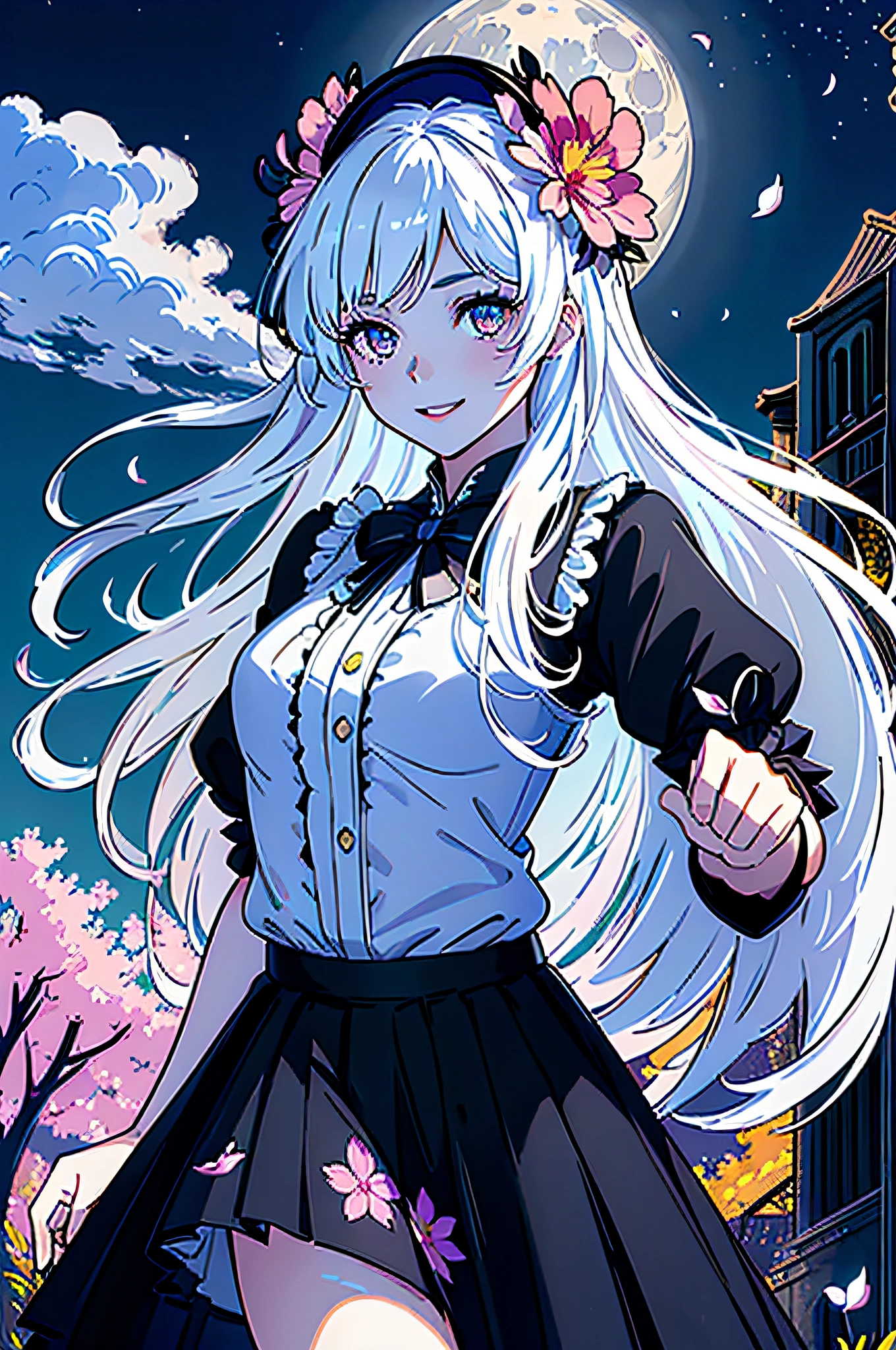masterpiece, best quality, 1girl, (colorful),(finely detailed beautiful eyes and detailed face),cinematic lighting,bust shot,extremely detailed CG unity 8k wallpaper,white hair,solo,smile,intricate skirt,((flying petal)),(Flowery meadow) sky, cloudy_sky, building, moonlight, moon, night, (dark theme:1.3), light, fantasy,