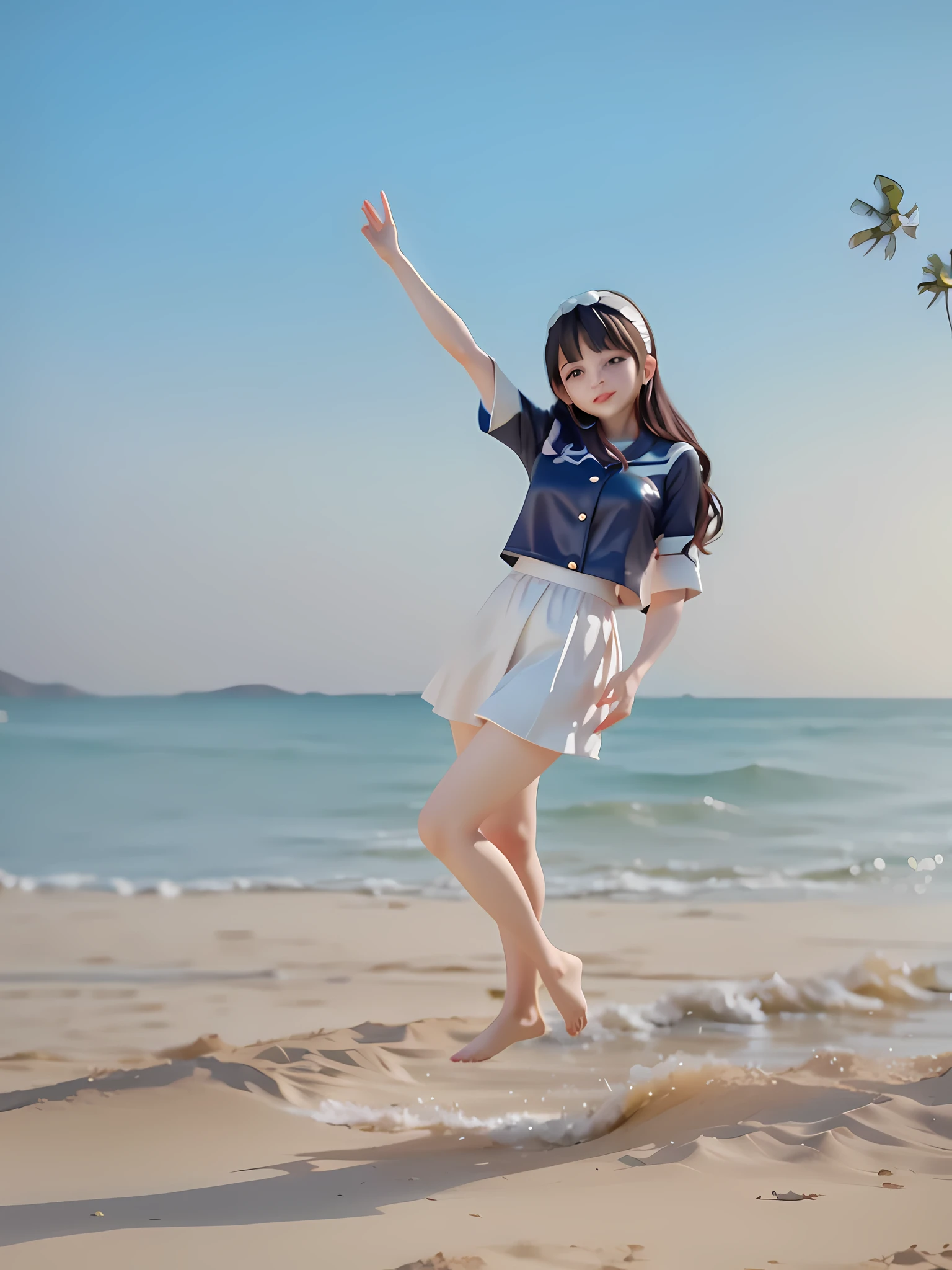 korean women are jumping on the beach with their arms in the air, lalisa manobal, dancing on the beach, music video, still from a music video, posing on a beach with the ocean, asuka as a surfer model, dancing on a tropical beach, sun yunjoo, Detailed plastic material, best quality, (very detailed model), (best quality), octane rendering, ray tracing, very detailed, 3D toys, exaggerated huge hair, little girl (full body)( 3D hair, cute hair accessories, ((child)), beautiful eyes, cute big eyes, cute face, chibi, c4d, Octane rendering, Blender, high definition, blurry background, full body, -6, eye contact, looking at camera, cinematic lighting, smiling, looking at viewer