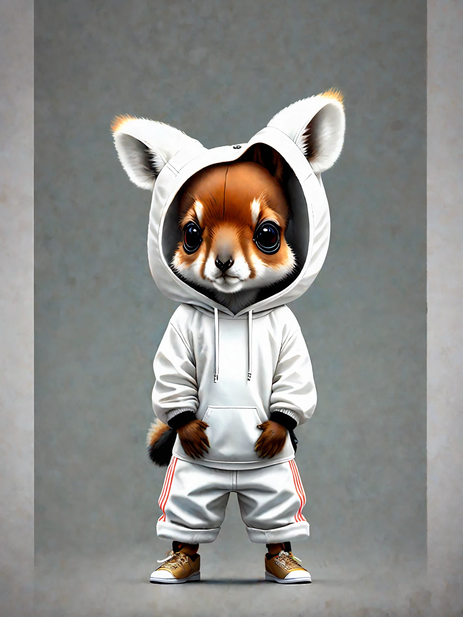 a painting of a small kangaroo with tail, trend in the art station, dressed in white clothes, detailed hyper realistic rendering, gang member, street style, intimidating pose, planet of kangaroos, stylish white clothing