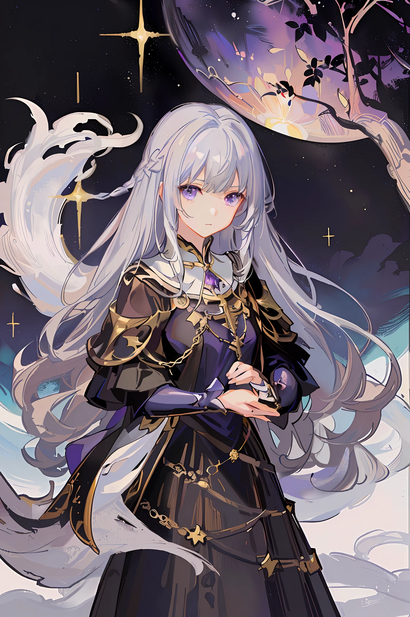 Anime - style image of a white long-haired woman in a black dress, portrait knight of a zodiac girl, shadow universe style, detailed key anime art, beautiful celestial mage, official anime artwork, light novel cover art, Isekai, high-detail official artwork, anime fantasy illustration, Asteri Lorne, art book artwork, white-haired god, detailed anime character art, purple eyes,