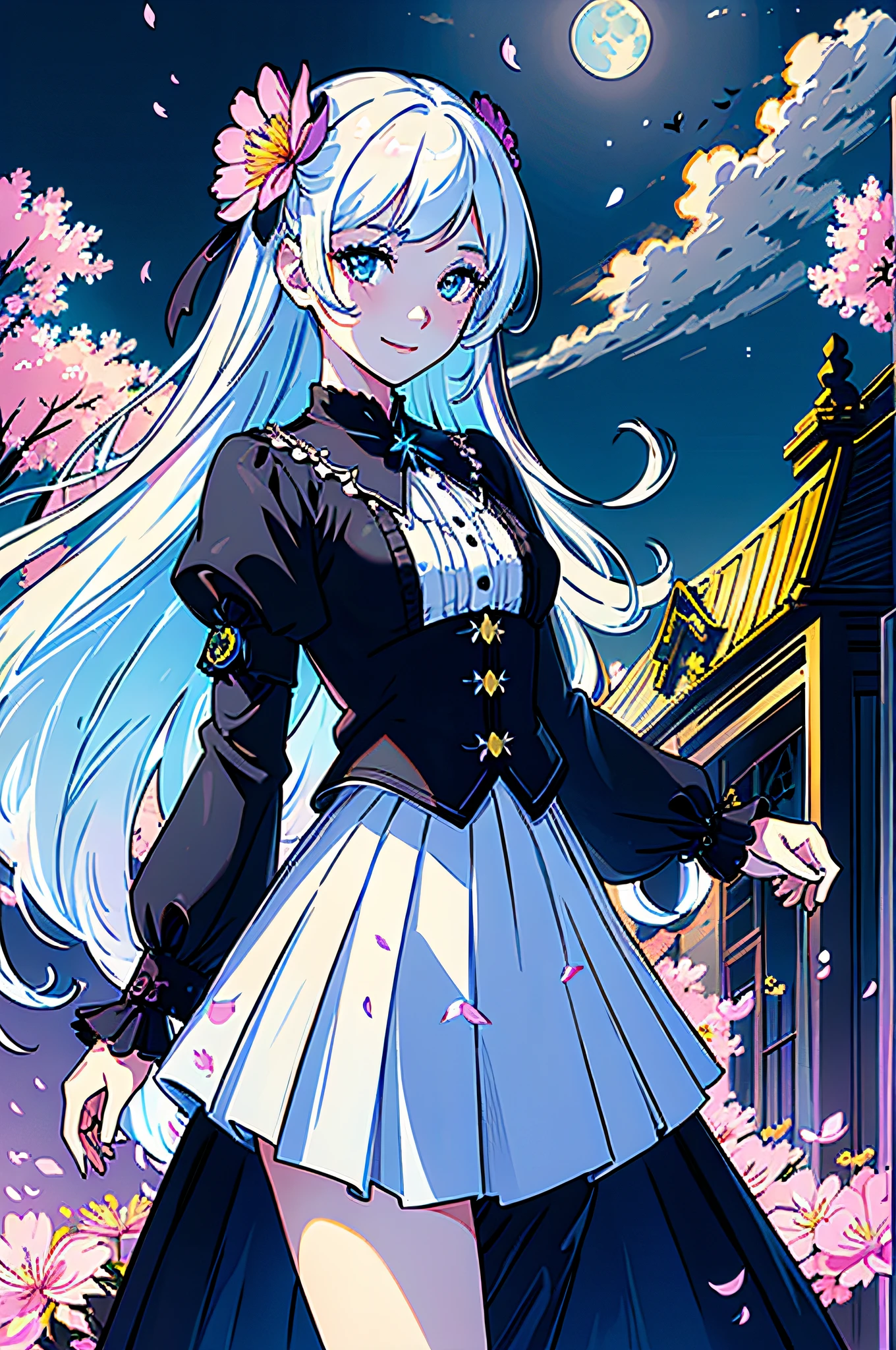 masterpiece, best quality, 1girl, (colorful),(finely detailed beautiful eyes and detailed face),cinematic lighting,bust shot,extremely detailed CG unity 8k wallpaper,white hair,solo,smile,intricate skirt,((flying petal)),(Flowery meadow) sky, cloudy_sky, building, moonlight, moon, night, (dark theme:1.3), light, fantasy,