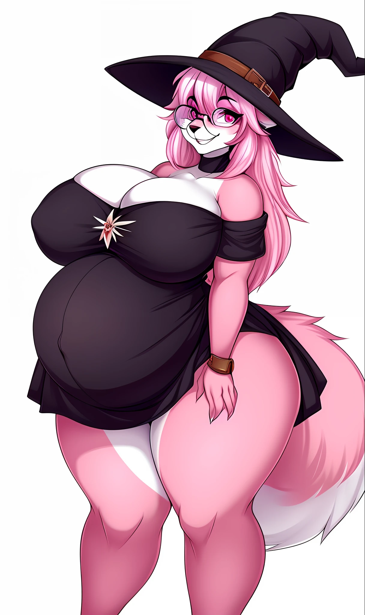 ((masterpiece, best quality)), (Anthro Furry:1.3, Anthro:1.3, Hairy:1.2, Fullbody:1.2, Women's Solo:1.2, leaning forward, smile), by Teranen, (Coffeesoda:1.1), Teranen, Fox, Anthro, Female, Solo, Pleasure Face, Breathless, Very Chubby, Ass, Curvy Thighs, Huge Thighs, Pink Right Iris, Pink Left Iris, Pink Body, Big Breasts, Chubby, White Hair, White Fringe, Pink Hair, round glasses, witch, witch hat, (((SFW))), pregnant