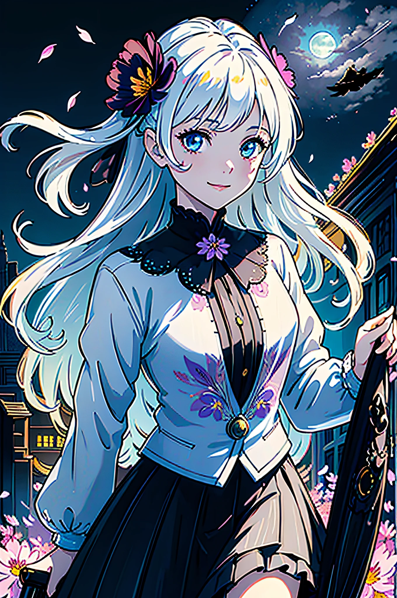 masterpiece, best quality, 1girl, (colorful),(finely detailed beautiful eyes and detailed face),cinematic lighting,bust shot,extremely detailed CG unity 8k wallpaper,white hair,solo,smile,intricate skirt,((flying petal)),(Flowery meadow) sky, cloudy_sky, building, moonlight, moon, night, (dark theme:1.3), light, fantasy,