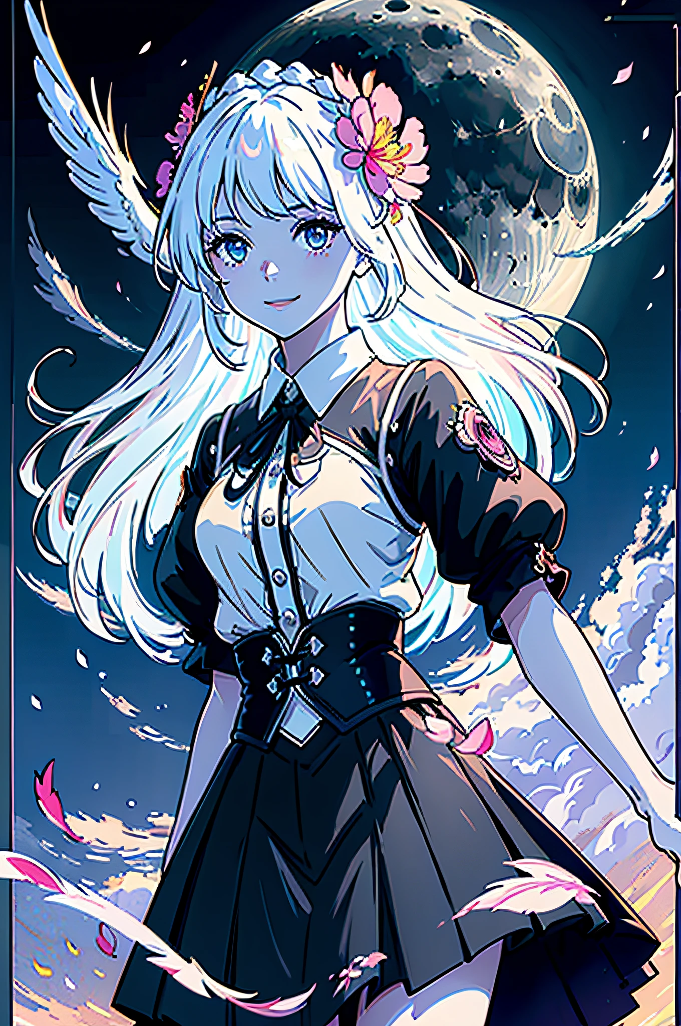 masterpiece, best quality, 1girl, (colorful),(finely detailed beautiful eyes and detailed face),cinematic lighting,bust shot,extremely detailed CG unity 8k wallpaper,white hair,solo,smile,intricate skirt,((flying petal)),(Flowery meadow) sky, cloudy_sky, building, moonlight, moon, night, (dark theme:1.3), light, fantasy,