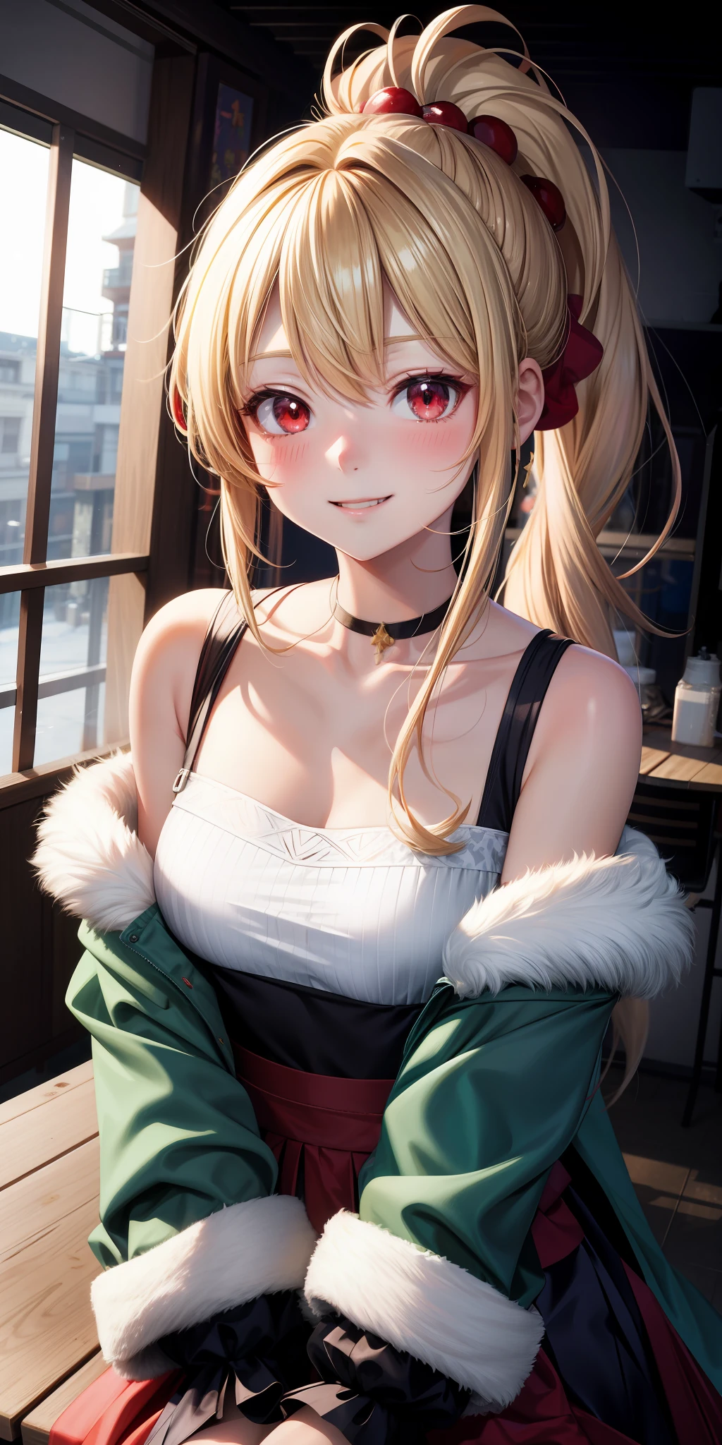 anime, girl alone, blonde, ponytail on the side, red eyes, fluffy clothes, off-shoulder, upward-looking, blushing, smiling, cherry on background
