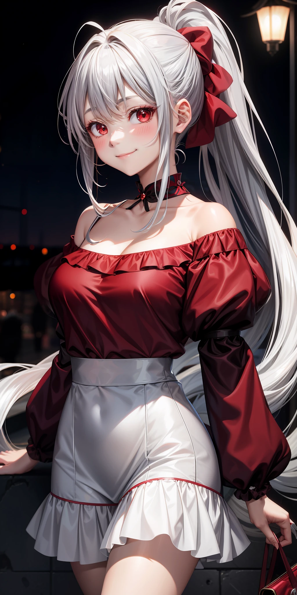 anime, one girl, silver hair, ponytail on the side, red eyes, fluffy clothes, off-shoulder, upper eyes, blush, smiling, cherry on background
