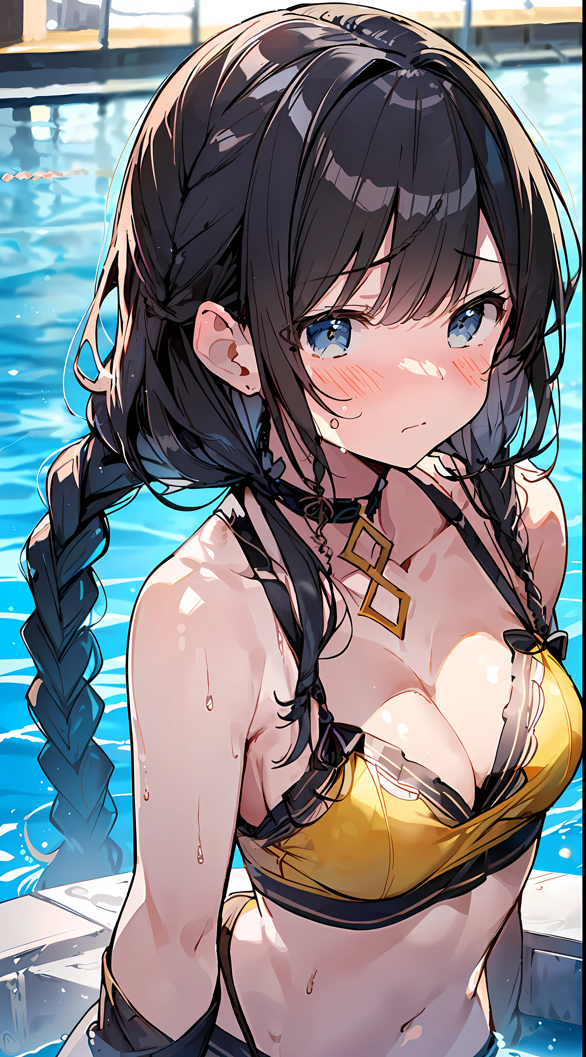 (Incredibly Absurdres Absolutely Resolution: 1.5), Top Quality, Masterpiece, Ultra High Definition, 8k, Sun, (((Pool)), Midsummer, (Yellow Cute Bikini with Decorations, Swimsuit), Shojo Manga Style, Loli, Soft Line Art, Digital Enhancement, Shojo Manga Touch, Shojo Manga Core, (((Hair length to shoulder))), ( ((short braid))), soft drawing, beautiful black hair, clear eyes, ((flustered gesture, surprised expression)), ultra-detailed digital anime art, clear face depiction, ultra-detailed shoujo manga character art, clear facial features, manga style, top quality colors, angle visible to the feet, entangle, beautiful and aesthetic:1.3、High quality:1.3