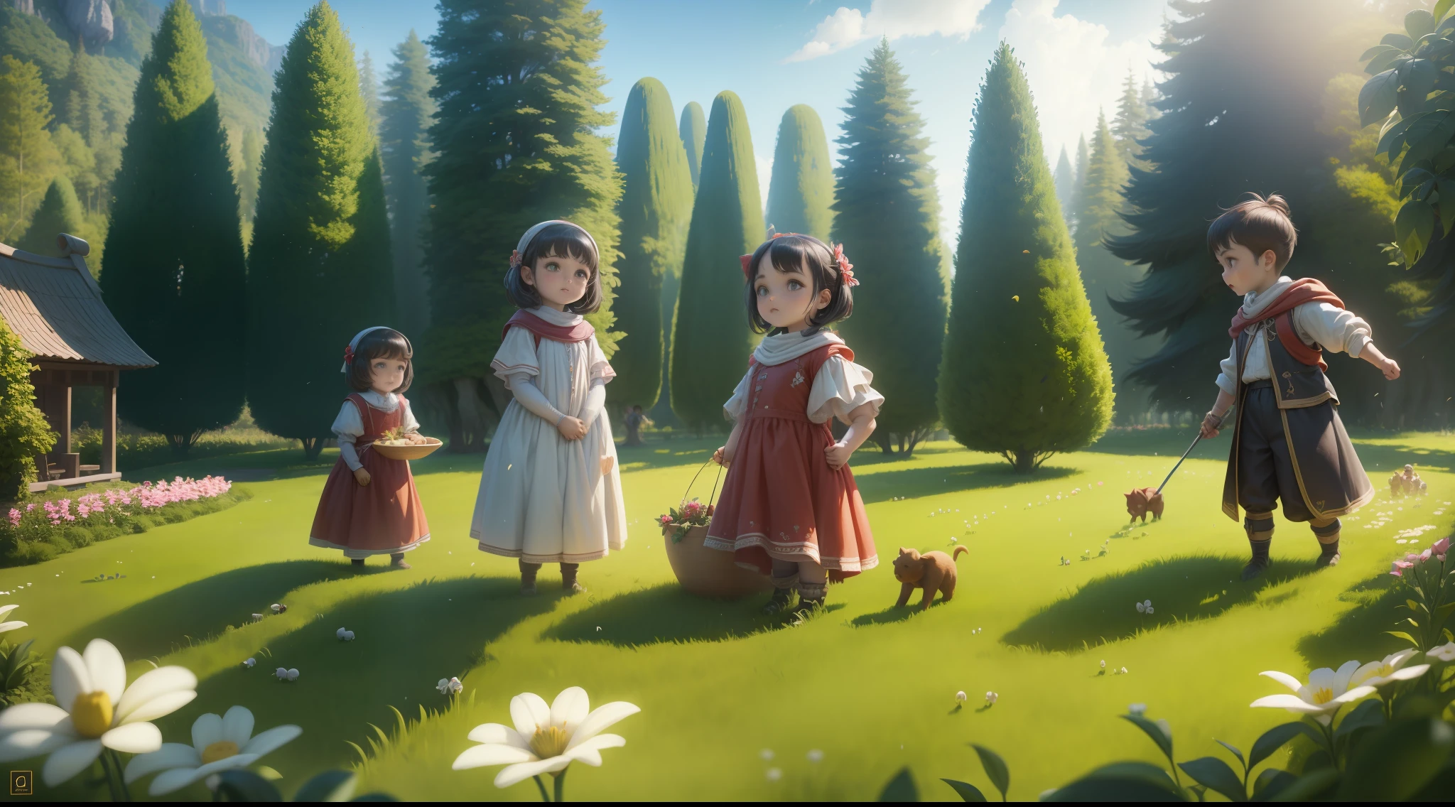 (Supremacism: 1.5), in spring, a group of children playing in the garden of giants, panorama, very detailed, best quality, 4k, cinematic lighting effects,