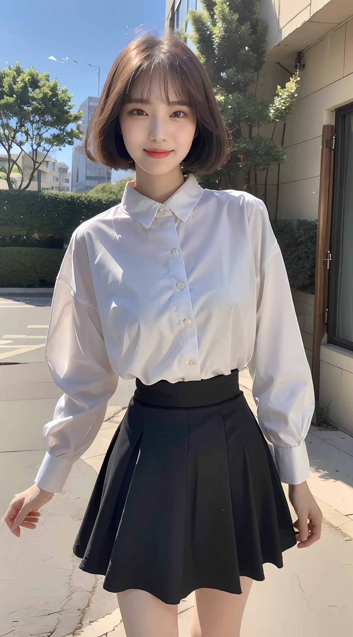 (1 Korean star with royal sister style), ((best quality, 8k, masterpiece: 1.3)), (slender body: 1.3), focus: 1.2, perfect body beauty: 1.4, (smile), (street: 1.3), highly detailed face and skin texture, fine eyes, double eyelids, whitening skin, (short hair, air bangs: 1.3), (round face: 1.5), (fairy split skirt: 1.4),