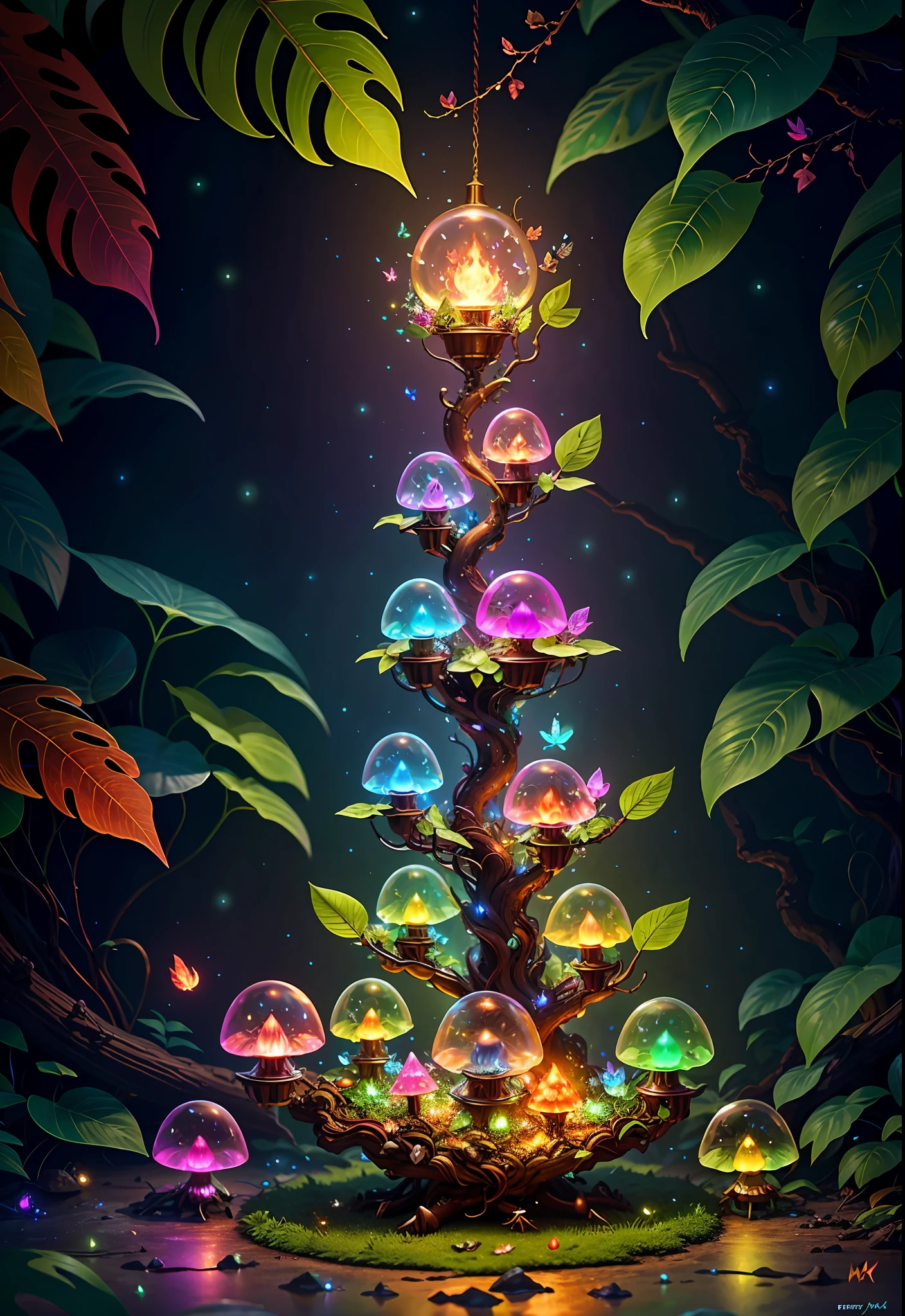 Fantasy in crystals, "ethereal roses, cute slime animals, glowing little mushrooms surrounded by delicate leaves and branches, and fireflies and glowing particle effects", (natural elements), (jungle theme), (leaves), (branches), (fireflies), butterflies, (delicate leaves), (glow), (particle effects), super realistic, super detailed, dramatic lightning, 4k, masterpiece,