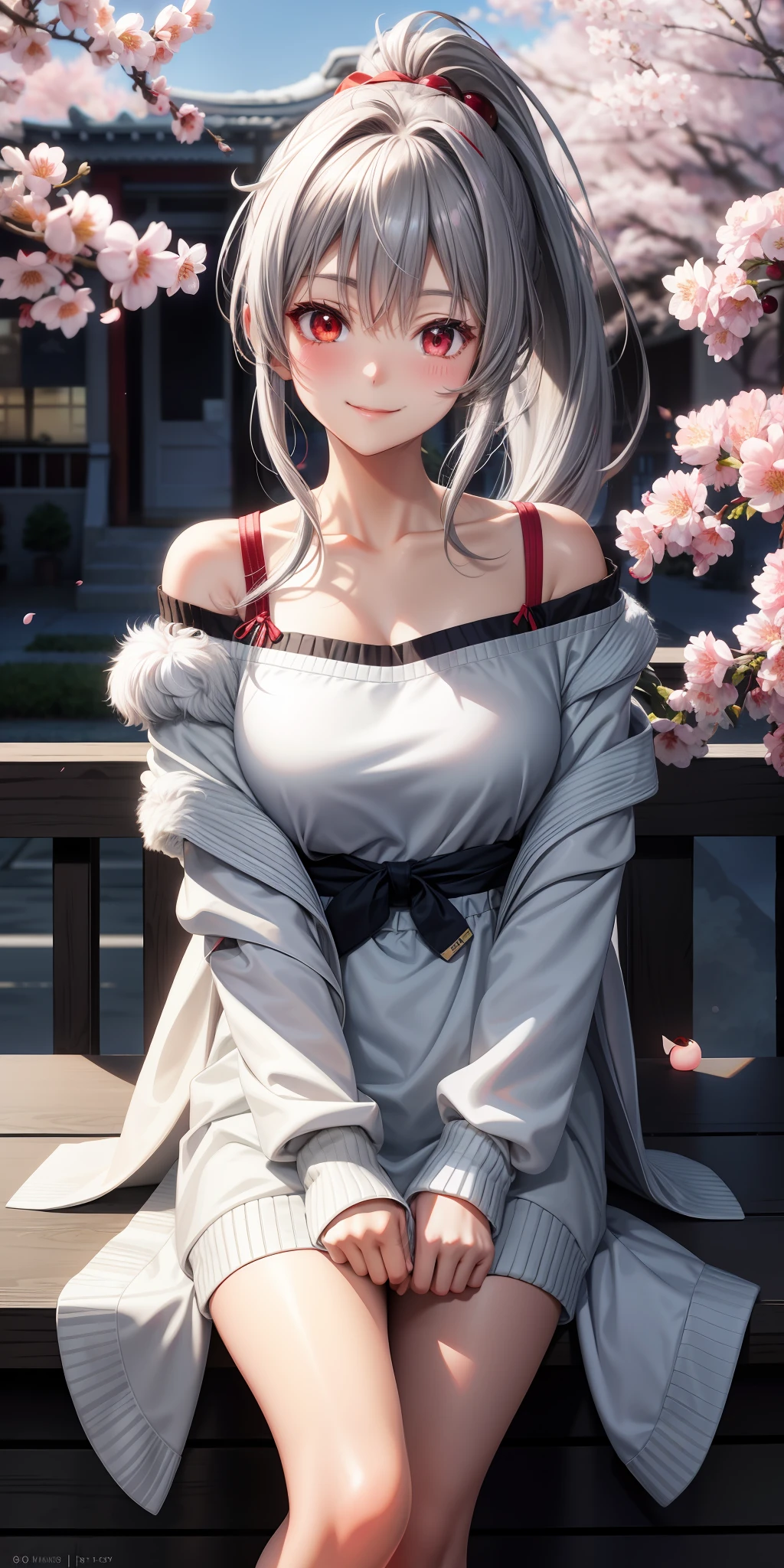 anime, single girl, gray hair, ponytail on the side, red eyes, fluffy clothes, off-shoulder, upper eyes, blush, smiling, cherry blossom on background
