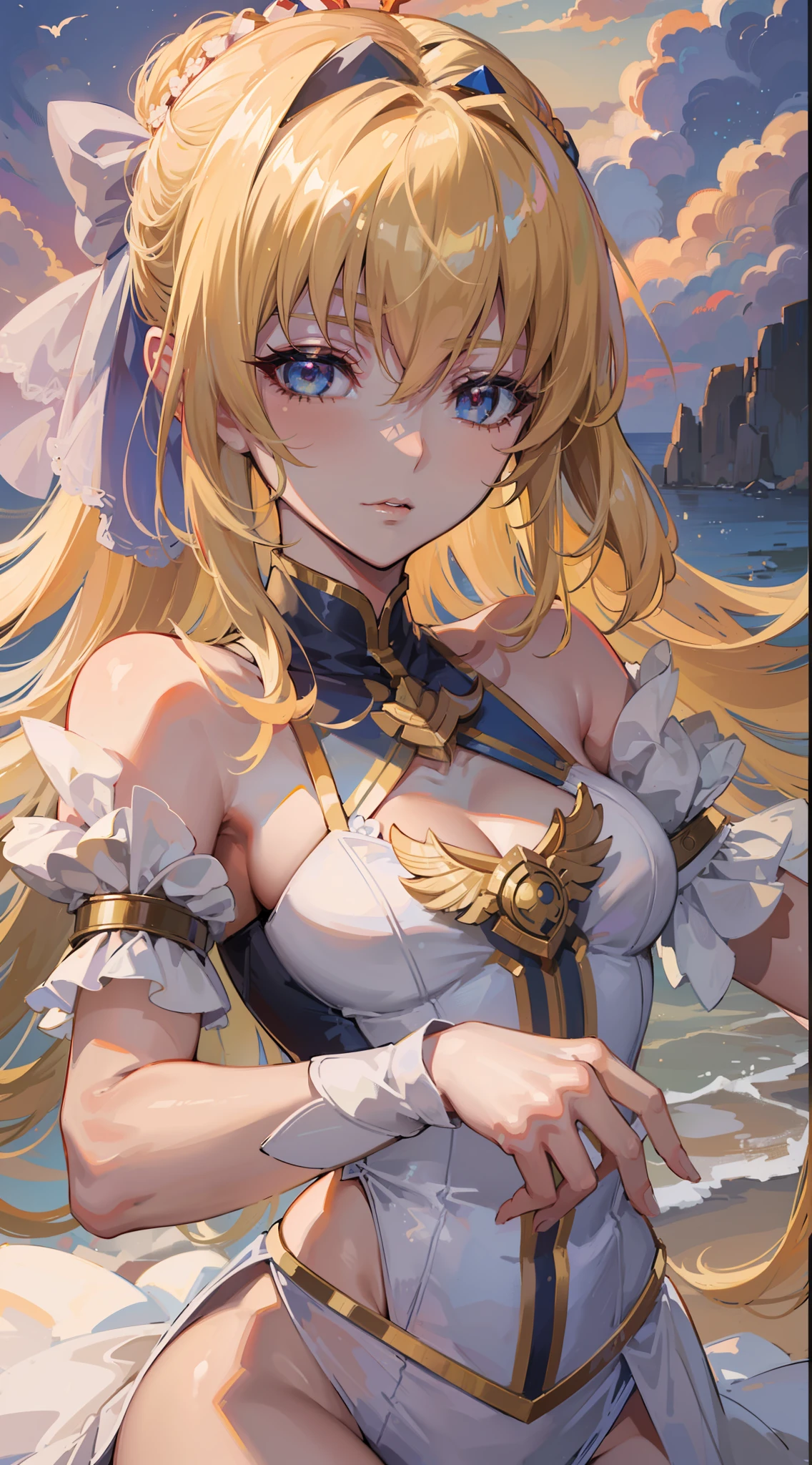 ((Top Quality, 8K,)) 1 Woman, Blonde Hair and Red Eyes Anime Girl, Anime Girl Named Lucy, Portrait of a Female Anime Hero, Female Anime Character, Zodiac Girl Portrait Knight, Artoria Pendragon, Hajime Yatate, Symphogear, Giorno Giovanna, Cornelia from Code Geass, War Maiden Suvia, Small