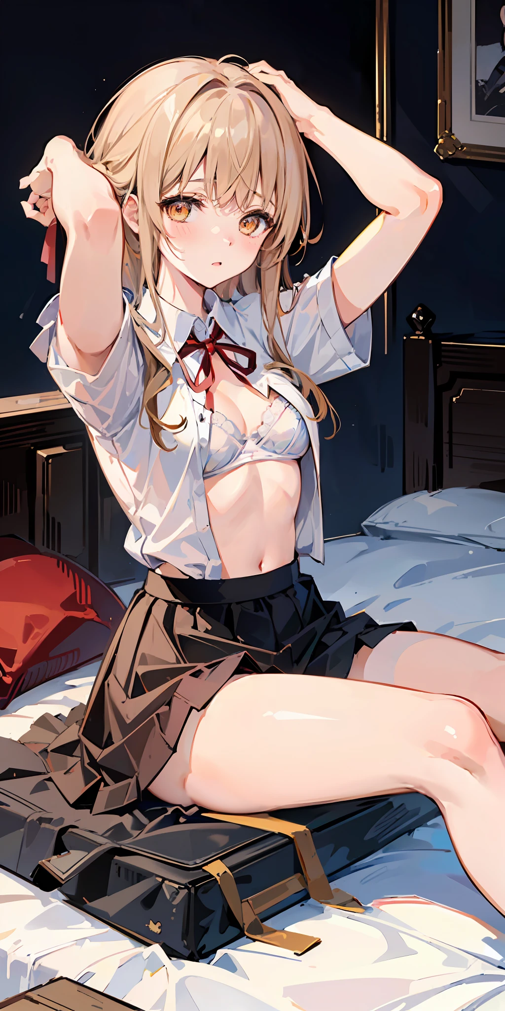 (Highest picture quality), (Master's work),(Detailed eyes description),(Detailed face description), yellow eyes, shiina mahiru, indoors, white shirt, black skirt, red ribbon, ((undressed), bra, lingerie, panties), lying down, from above, open arms, embarassed, blush, bed, disheveled clothes, heavy breathing, sexual expressions