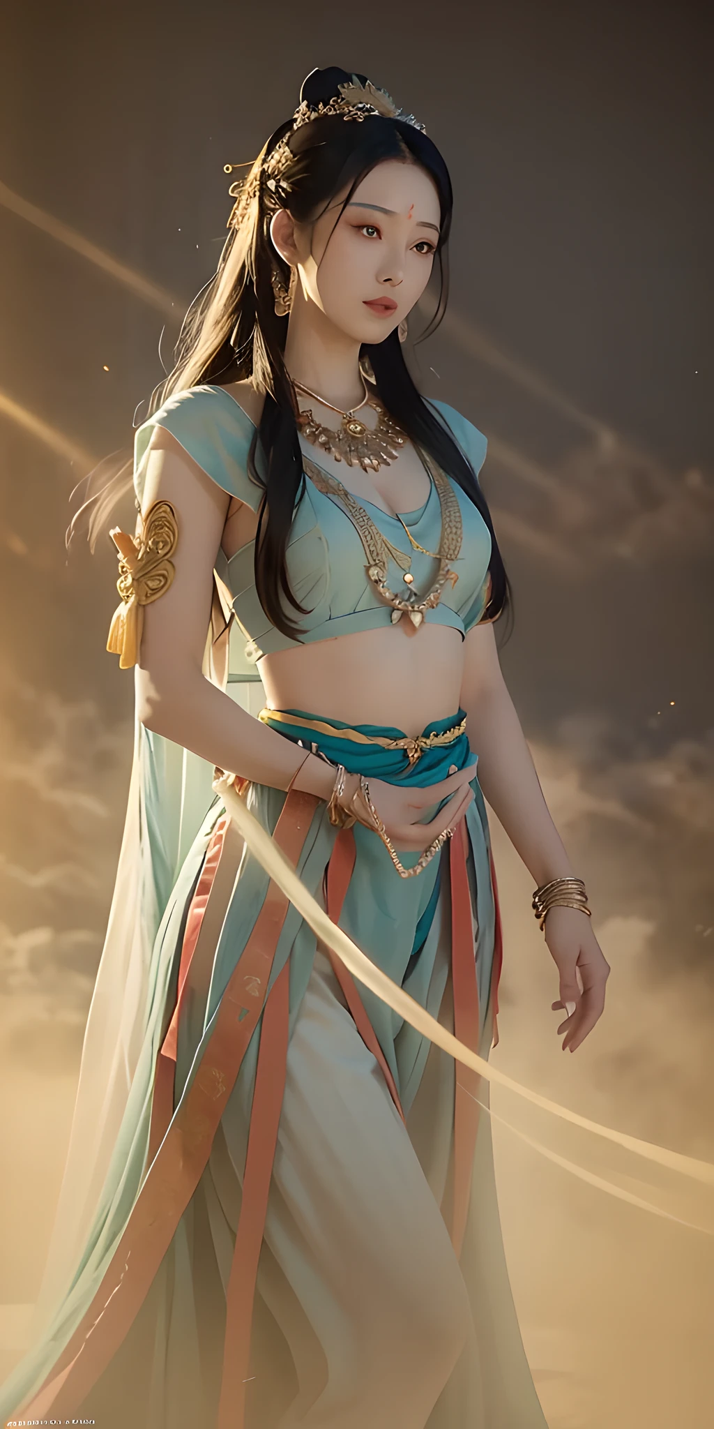 1girl, Dunhuang Flying Apsaras costume, messy long hair, Ji Jian, Dunhuang style, a lot of smoke, superb, elegant colors, (realistic, high detail, masterpiece, super detailed, dynamic angle, mural background, ink wash, amazing, movie lighting, illustration, chiaroscuro, backlighting, god rays, holland, best quality, best quality