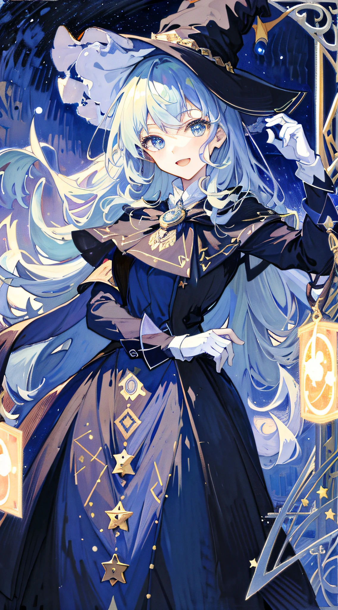 ((masterpiece:1.2, best quality)), 1girl, solo, (witch hat), blonde hair, long hair, dress, aurora, night, star (sky), gloves, sky, white dress, night sky, open mouth, starry sky, blue eyes, ribbon, very long hair, red dress, smile, hair ribbon, cape, blue hair, (bird), magic, casting spell, dark clouds, night, (impressionism:1.4), (tarot:1.3), alphonse mucha,