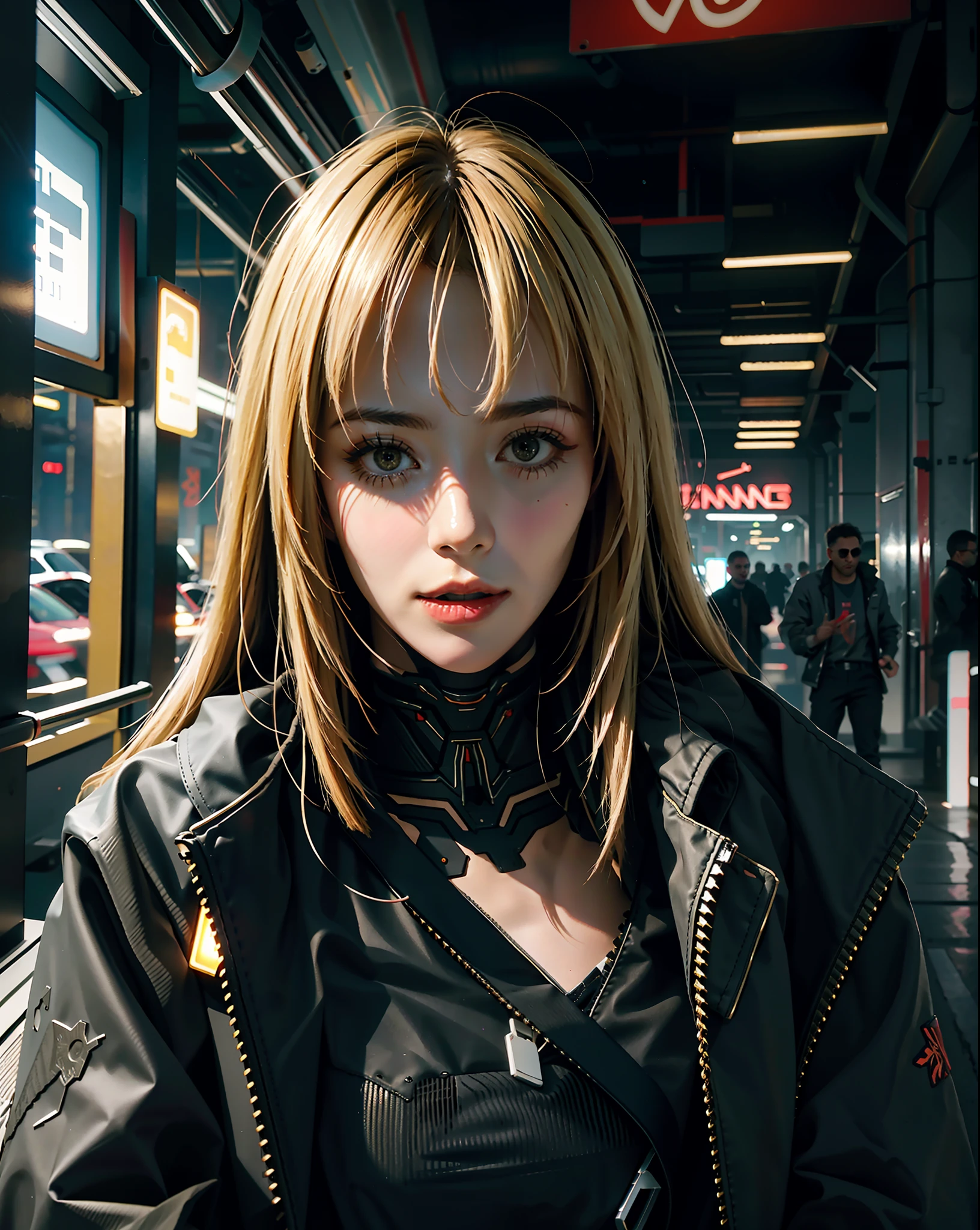 (photorealistic: 1.4), (best quality: 1.0), (ultra highres: 1.0), 8k, RAW photo, (masterpiece: 0.2), portrait, face, close shot, 
Cybernetic_Jawless, mask, mechanical parts, cybernetics, 1girl, European girl, blonde hair with bangs, looking at the viewer, 
(Cyberpunk Street:1.2), bustling with neon signs, night, cyberpunk aesthetics, blade runner aesthetics