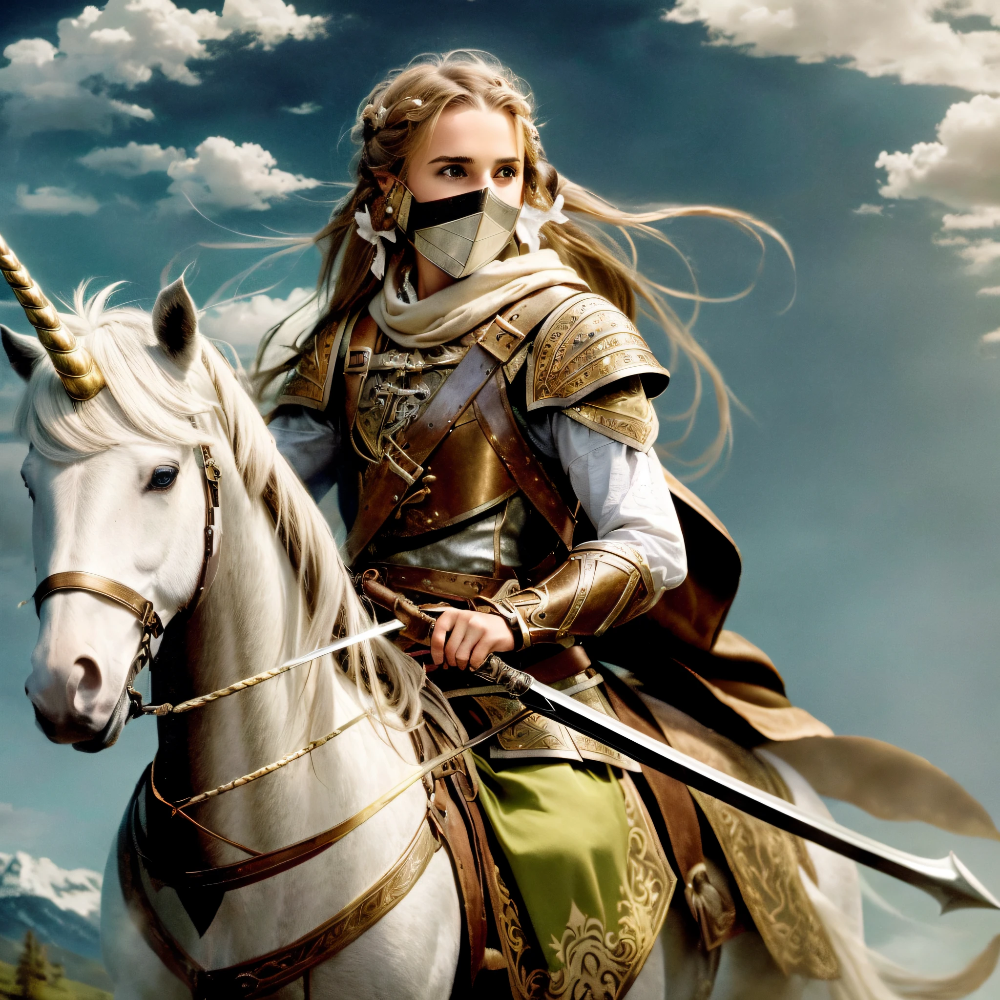 Brown-haired woman in medieval costume riding a unicorn, Emma Watson as knight, horseback warrior, beautiful female knight, elf princess knight, fantasy paladin woman, portrait knight female, immoginputes as a D&D paladin, photo of female paladin, beautiful female knight, girl in knightly armor, female knight