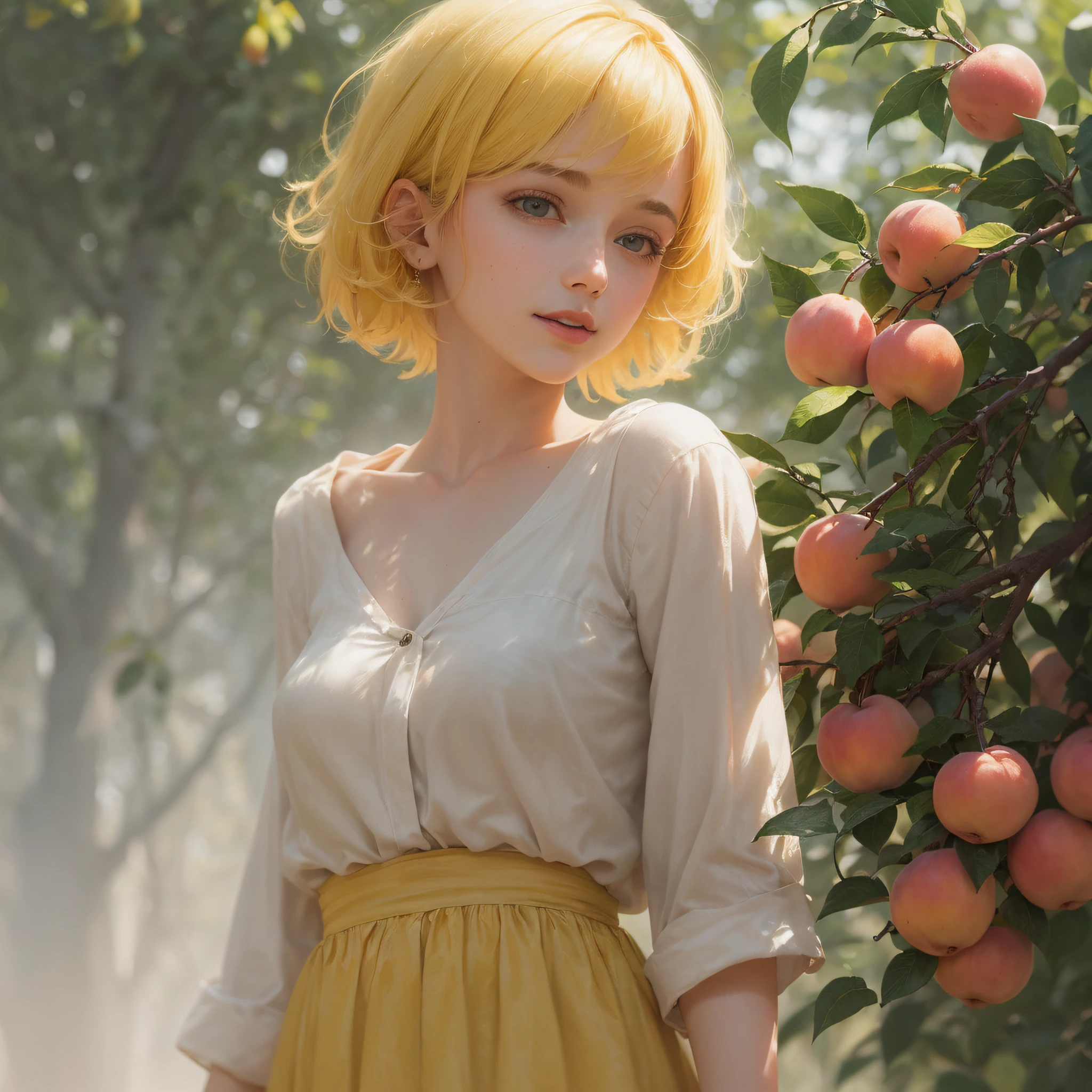 (masterpiece), highest quality, fresh style, (1 girl), (lemon yellow hair + short cut on chest: 1.2), (pale skin + brown eyes: 1.2), (pink lip color: 1.1), white t-shirt + peach coat, (holding apples and peaches), (standing in the lemon grove and smiling), (sunlight through the branches and leaves to form soft light and shadows and mottled shadows: 1.2) --auto --s2