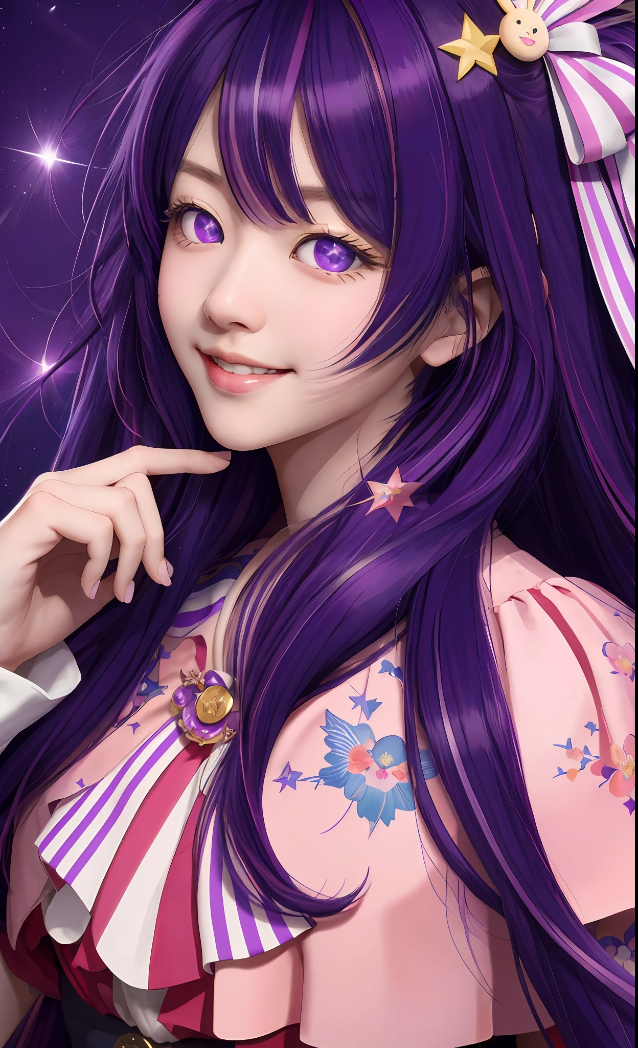 Ai Hoshino, (Best Quality: 1.4, Masterpiece, 4k, Details), Beautiful Girl,
Long hair, purple hair, striped hair, purple eyes, star-shaped pupil, hair ornament, smile, right hand pointing at camera, holding microphone in left hand, stunning art, wallpaper 4k