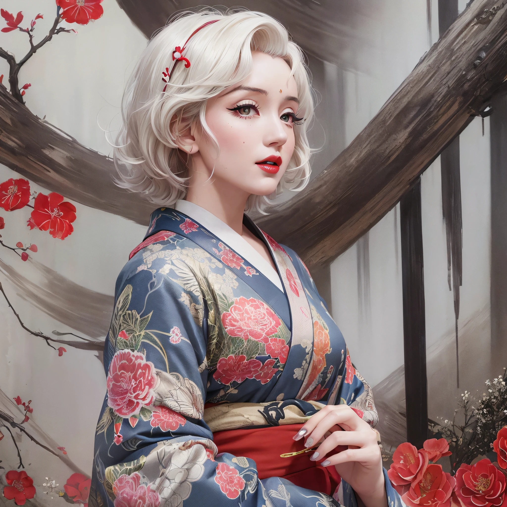 Alafor woman in a kimono with flowers in her hair ((Beautiful Marilyn Monroe face: 1.4)), an American woman, wearing a kimono with a traditional pattern of Japanese style, Japan, ((Ink painting of a dragon on the back: 1.6)), wearing Japanese style, makeup, red lips, white hair, slender body, wearing long sleeves inside the kimono, ((Fukuro obi and obijime: 1.4)), bewitching pose, top quality, masterpiece, (Adult: 1.6), (High Definition Skin: 1.4), (RAW Photo, Best Quality), (Realistic, Photorealistic: 1.7), Fresh Wind, Tea Room Through the Trees, (Detailed Skin), Realistic Texture, Muffled Light, Dense Skin, Optimal ratio of Four Fingers to One Thumb, 46 points of diagonal bangs,