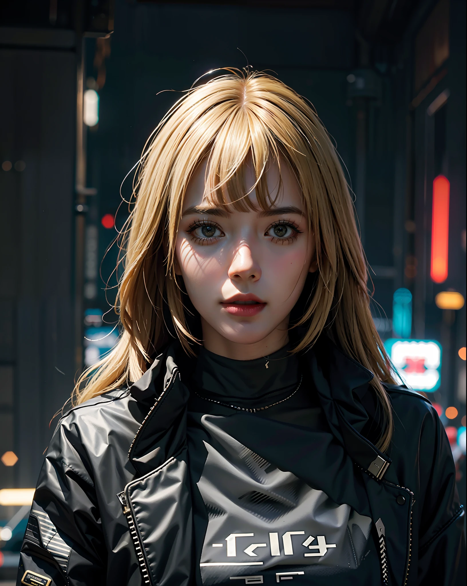 (photorealistic: 1.4), (best quality: 1.0), (ultra highres: 1.0), 8k, RAW photo, (masterpiece: 0.2), portrait, face, close shot, 
Cybernetic_Jawless, mask, mechanical parts, cybernetics, 1girl, European girl, blonde hair with bangs, looking at the viewer, 
(Cyberpunk Street:1.2), bustling with neon signs, night, cyberpunk aesthetics, blade runner aesthetics