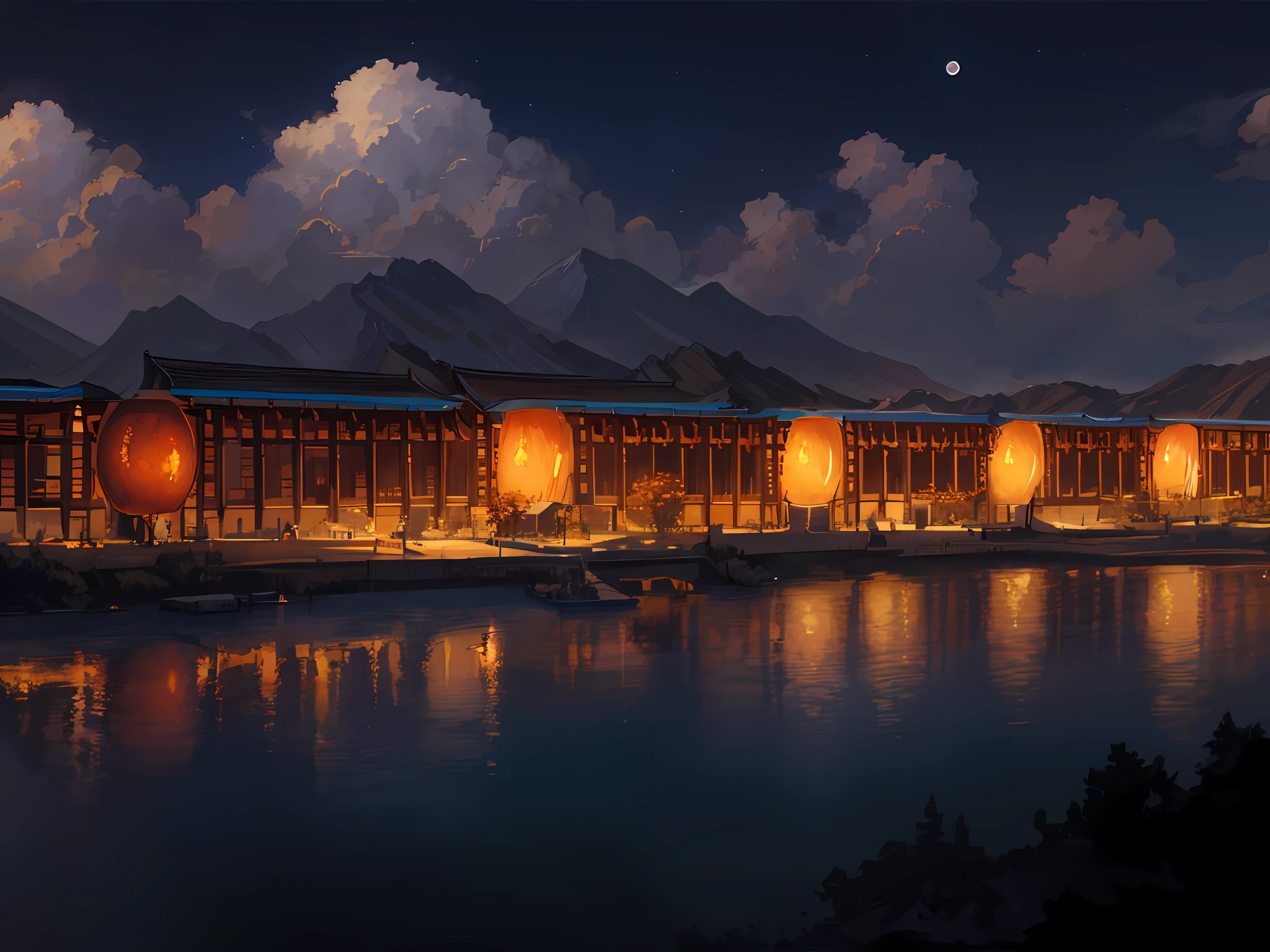 Concept art inspired by Tosa Mitsuoki, pixiv competition winner, best quality, fantasy art, beautiful anime scenes, long school building, a round of bright moon, starry sky environment under moonlight, dream painting, anime background art, dream landscape art, fantastic night, anime background, background artwork, fantastic art, atmospheric anime, starry sky, detail enhancement.