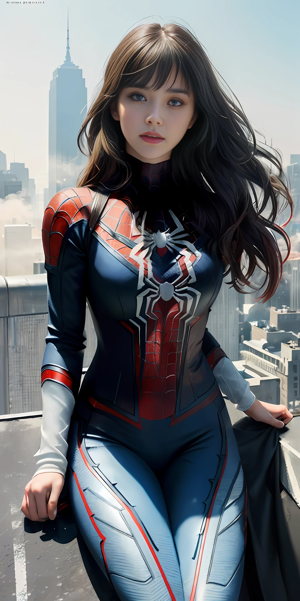 (1girl:1.3), Solo, (((Very detailed face)))), ((Very detailed eyes and face)))), Beautiful detail eyes, Body parts__, Official art, Unified 8k wallpaper, Super detailed, beautiful and beautiful, beautiful, masterpiece, best quality, original, masterpiece, super fine photo, best quality, super high resolution, realistic realism, sunlight, full body portrait, amazing beauty, dynamic pose, delicate face, vibrant eyes, (from the front), She wears Spider-Man suit, red and black color scheme, spider, very detailed city roof background, rooftop, overlooking the city, detailed face, detailed complex busy background, messy, gorgeous, milky white, highly detailed skin, realistic skin details, visible pores, clear focus, volumetric fog, 8k uhd, DSLR, high quality, film grain, fair skin, photo realism, lomography, futuristic dystopian megalopolis, translucent