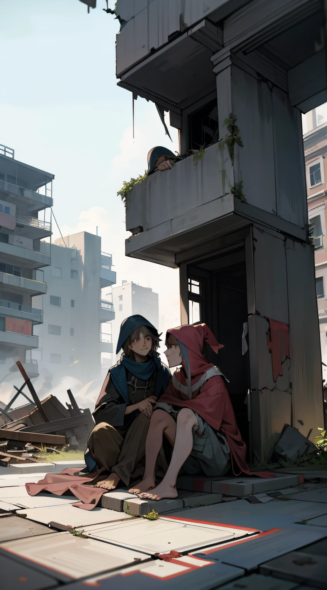In ruins after the explosion, two beggars survived, desperate, pitiful