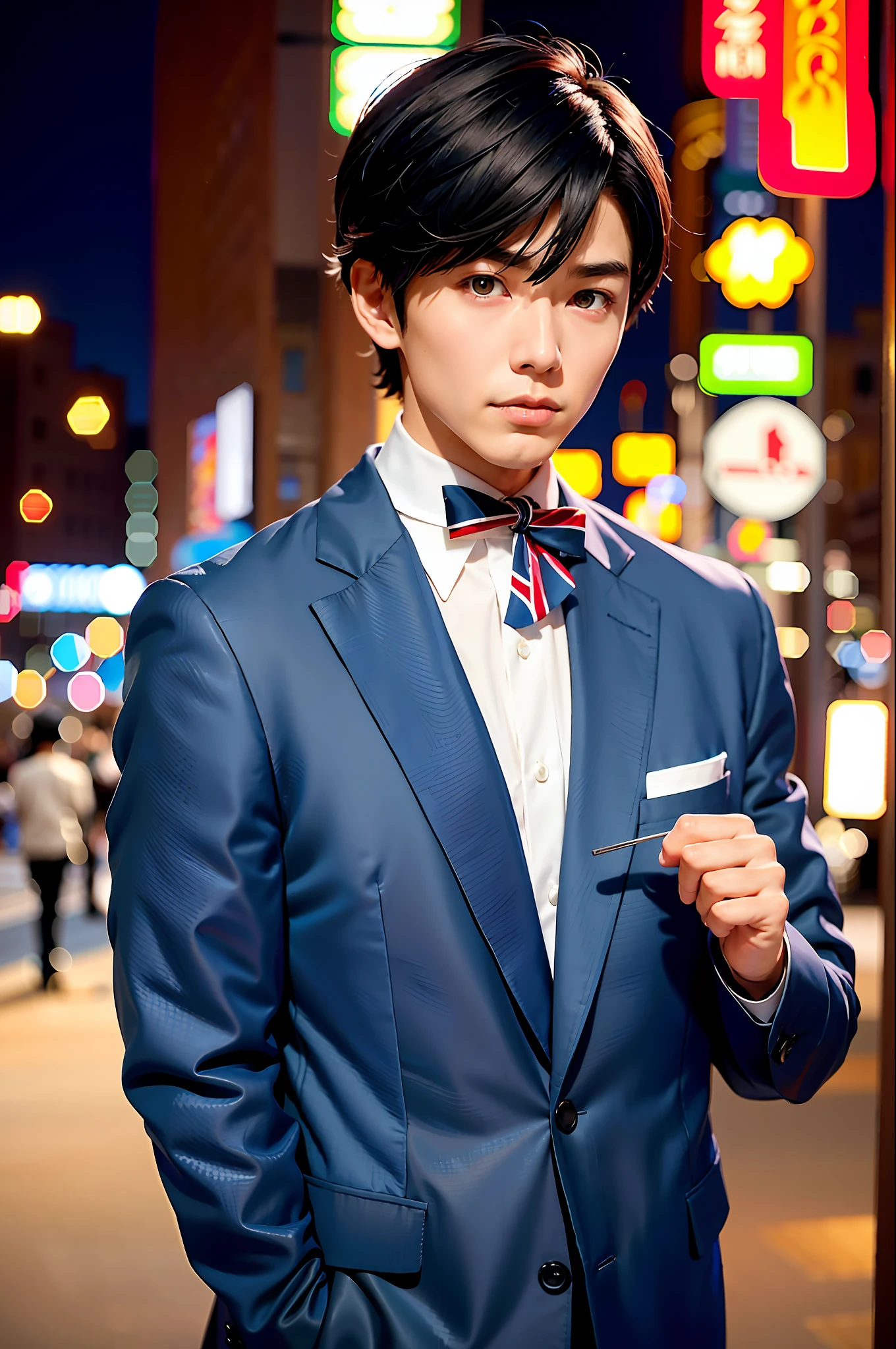 1 man, 25 years old Japan male, (male: 1.5), gray eyes, hanging eyes, (short: 1.3), mushroom hair, ((formal)), ((dark blue jacket)), (handsome, sharp), neutral facial features,)))), (sturdy muscular body), (slender physique), SFW, outdoor, detailed background, big city at night,