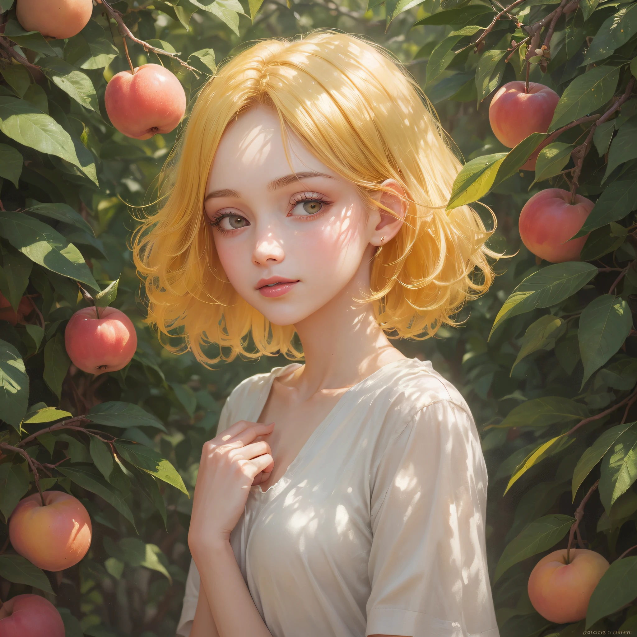 (masterpiece), highest quality, fresh style, (1 girl), (lemon yellow hair + short cut on chest: 1.2), (pale skin + brown eyes: 1.2), (pink lip color: 1.1), white t-shirt + peach coat, (holding apples and peaches), (standing in the lemon grove and smiling), (sunlight through the branches and leaves to form soft light and shadows and mottled shadows: 1.2) --auto --s2