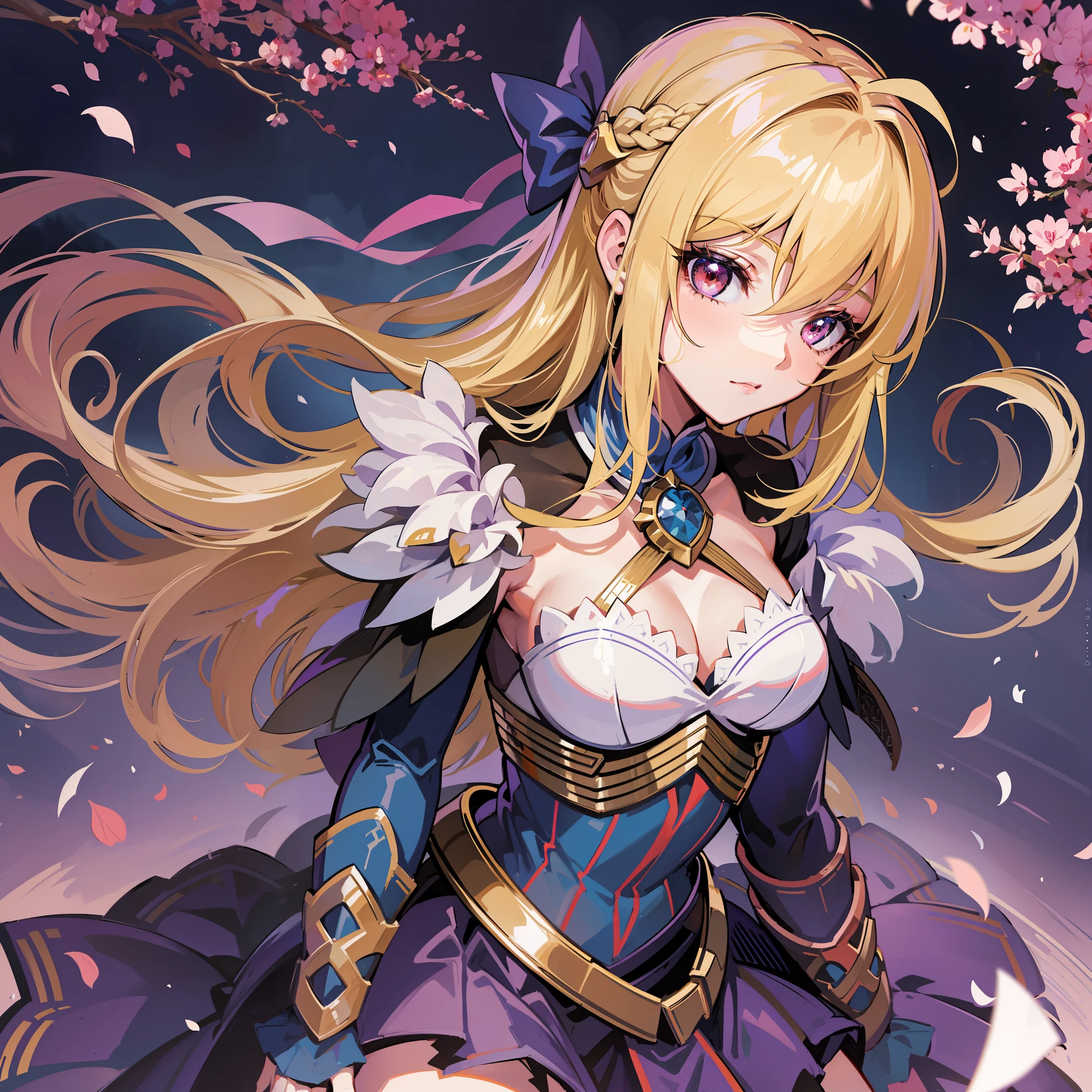 ((Best Quality, 8K,)) 1 Woman, Anime Girl with Blonde Hair and Red Eyes, Anime Girl Named Lucy, Portrait of a Female Anime Hero, Female Anime Character, Zodiac Girl Portrait Knight, Artoria Pendragon, Hajime Yatate, Symphogear, Giorno Giovanna, Cornelia from Code Geass, Suvia the War Maiden, Small, Purple Ribbon in Hair, Jewelry