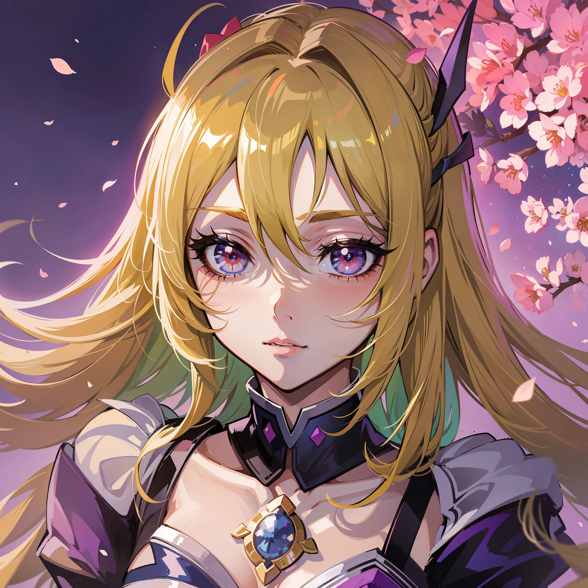 ((Best Quality, 8K,)) 1 Woman, Anime Girl with Blonde Hair and Red Eyes, Anime Girl Named Lucy, Portrait of a Female Anime Hero, Female Anime Character, Zodiac Girl Portrait Knight, Artoria Pendragon, Hajime Yatate, Symphogear, Giorno Giovanna, Cornelia from Code Geass, Suvia the War Maiden, Small, Purple Ribbon in Hair, Jewelry