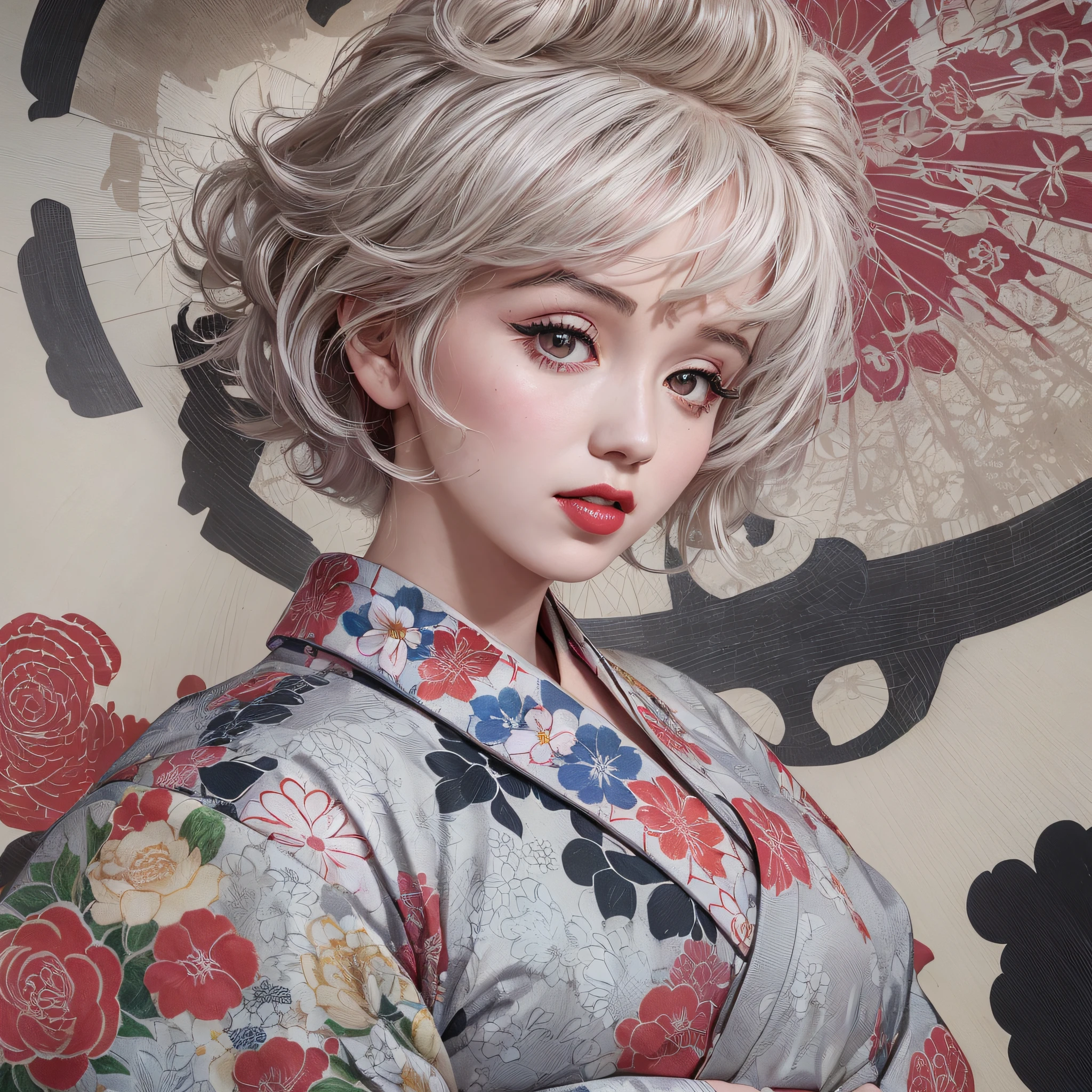 Alafor woman in a kimono with flowers in her hair, ((Beautiful Marilyn Monroe face: 1.4)), an American woman, wearing a kimono with a traditional pattern of Japanese style, Japan traditional pattern, wearing a kimono, ink painting of a dragon on the back, Japanese dress, Japanese style, makeup, red lips, white hair, slender body, wearing a long sleeve inside the kimono, ((Fukuro obi and obijime: 1.4)), bewitching pose, top quality, masterpiece, (Adult: 1.6), ( High definition skin: 1.4), (RAW photo, best quality), (realistic, photorealistic: 1.7), refreshing breeze, tea room with sun filtering through the trees, (detailed skin), realistic texture, muffled light, dense skin, optimal ratio of four fingers to one thumb, diagonal bangs of 46 points,