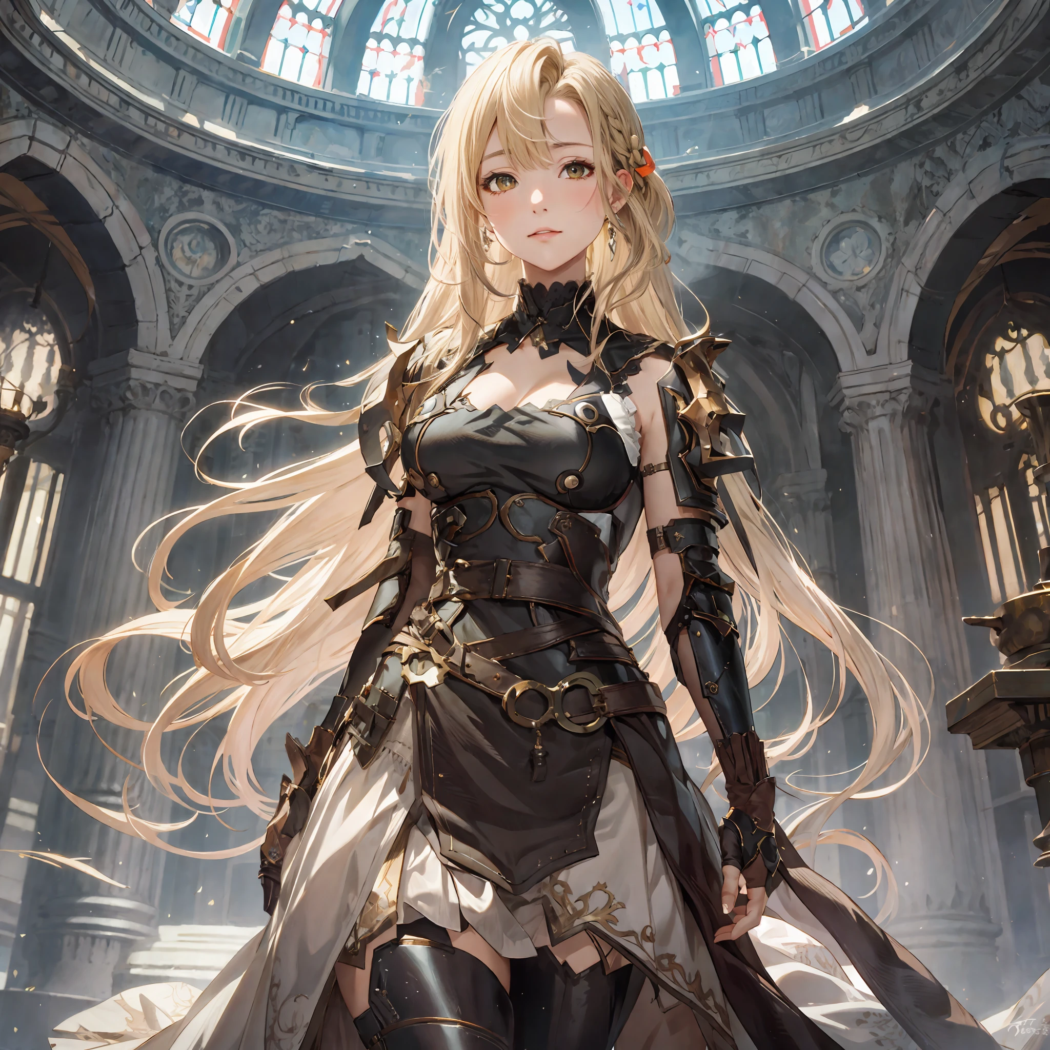 masterpiece, best quality, 1woman, adult, female focus, solo, blonde hair, long hair, vibrant brown eyes, looking at viewer, High quality metal texture, closed mouth, bangs, high collar,(kbxll:0.6), Fantasy aesthetics, Highly detailed, shadowverse style, full body