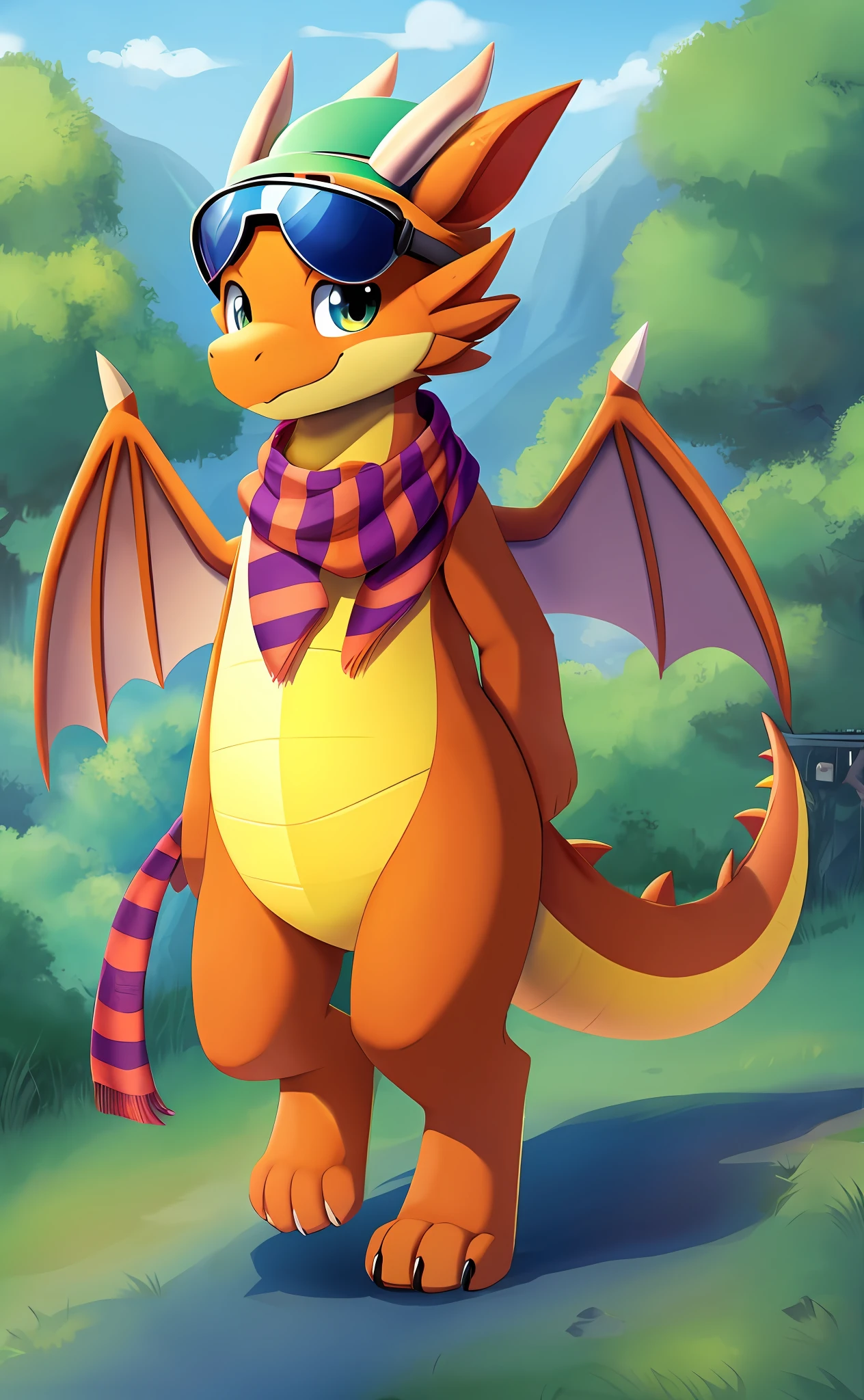 (friendly, very cute) dragon species,(aviator headgear+scarf:1.4),with wings,walking on two legs,admiring scenery