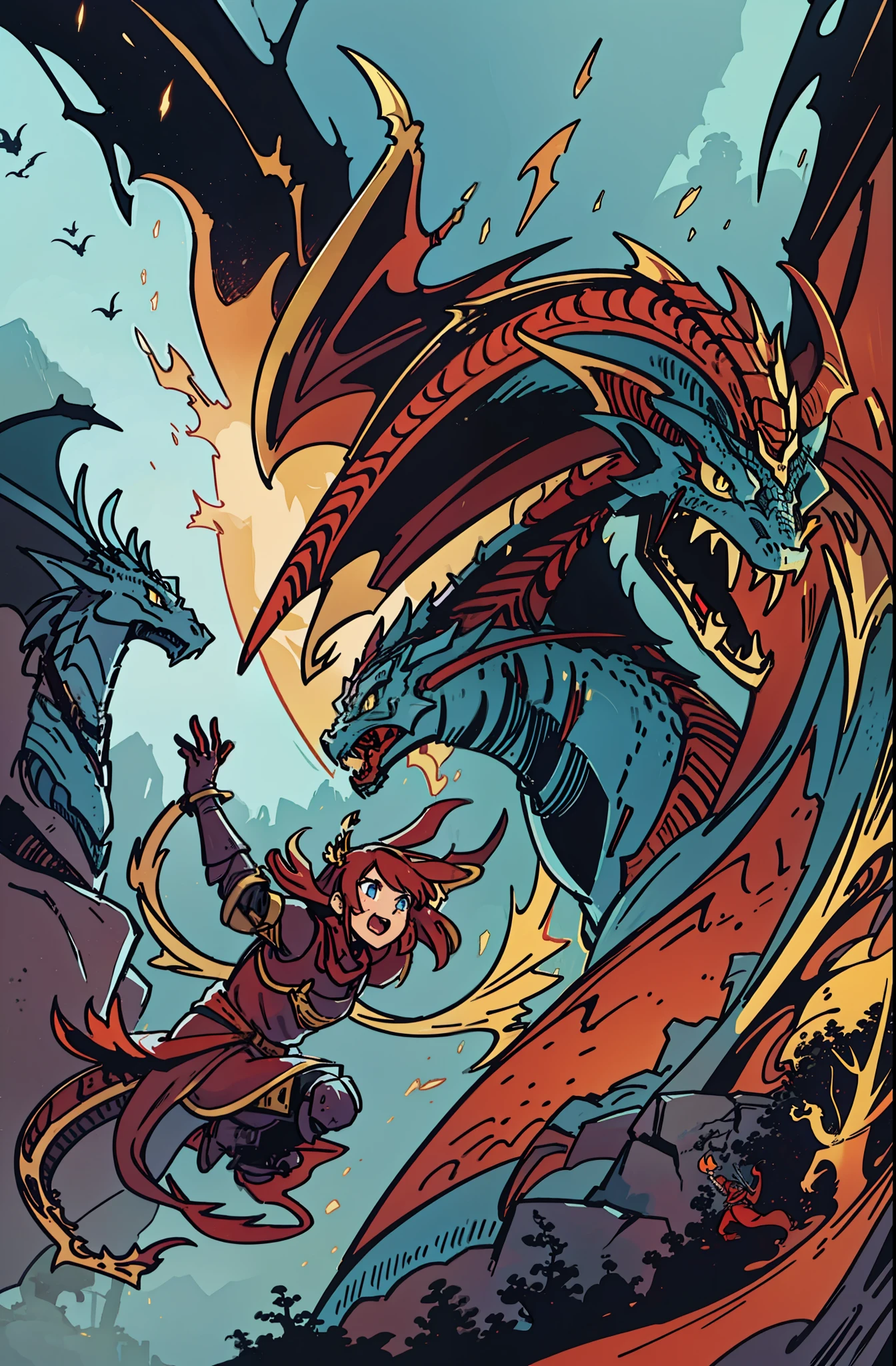 A cover of an epic fantasy book, with dragons and knights fighting