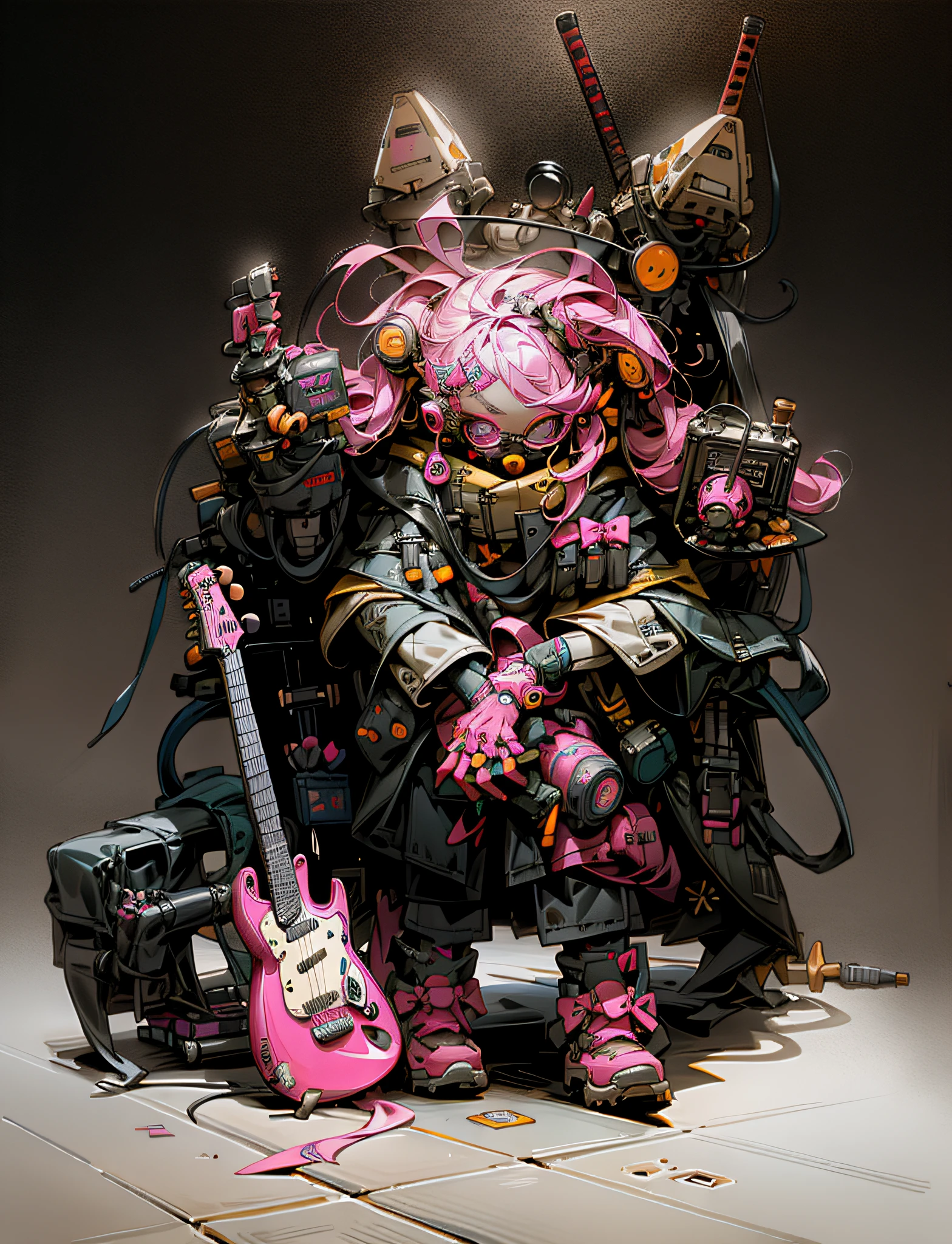 Masterpiece, HD, High Quality, Detailed Details, High Quality, (****, Japanese Art Silkworm Eyebrow Makeup, Guitar, Glasses, Ear Hairpin, Tactical Headphones), (Pink Hair, Nice Clothes, Detail Layering: 1.2), Rich Details, Bow Shoes, Fine Clothes, Depth of Field, Contour Light, Backlight, ((Cyberpunk Stage, Bar, DJ, Glowing Guitar: 1.2)), Real Light and Shadow Changes, Five Fingers,